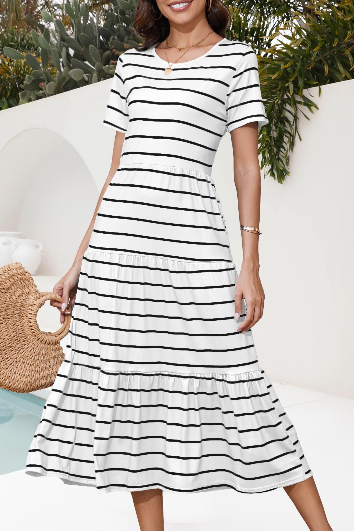 MITILLY Women's 2025 Summer Casual Short Sleeve Striped Tiered Swing T-Shirt Dress with Pockets | Beach Maxi Dress for Vacation, Outing & Daily Wear