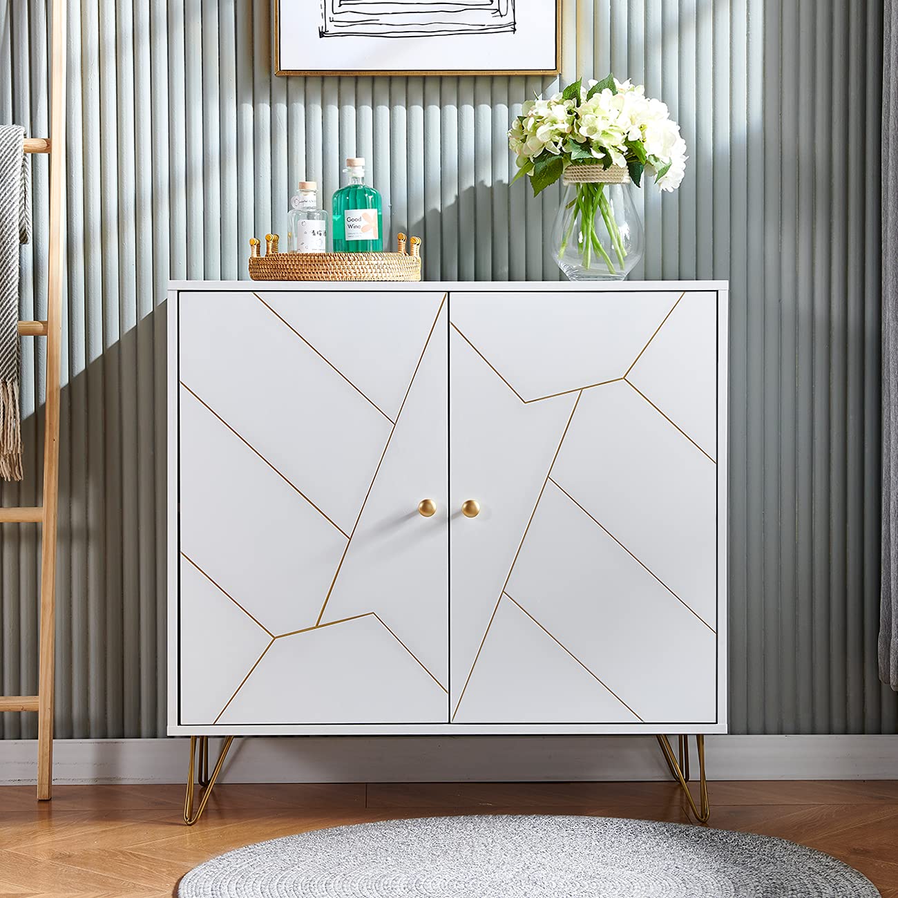 Modern White Kitchen Storage Cabinet with Gold Accents - 2 Door Buffet Console Table for Living Room, Dining Room & Entryway - Perfect for Organizing Dishes, Linens & Home Decor