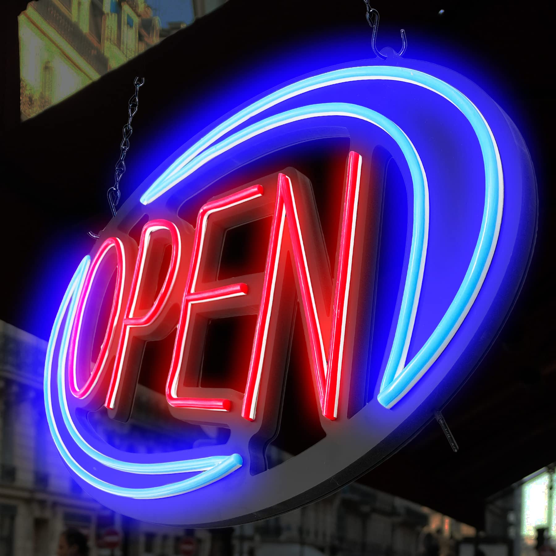 32x16 Inch Large Bright LED Open Sign for Business - Remote Control & Flashing Modes, Blue/Red Neon Light with ON/OFF Switch - Perfect for Window, Door, Bar, Coffee Shop, Salon, and Retail Store Display