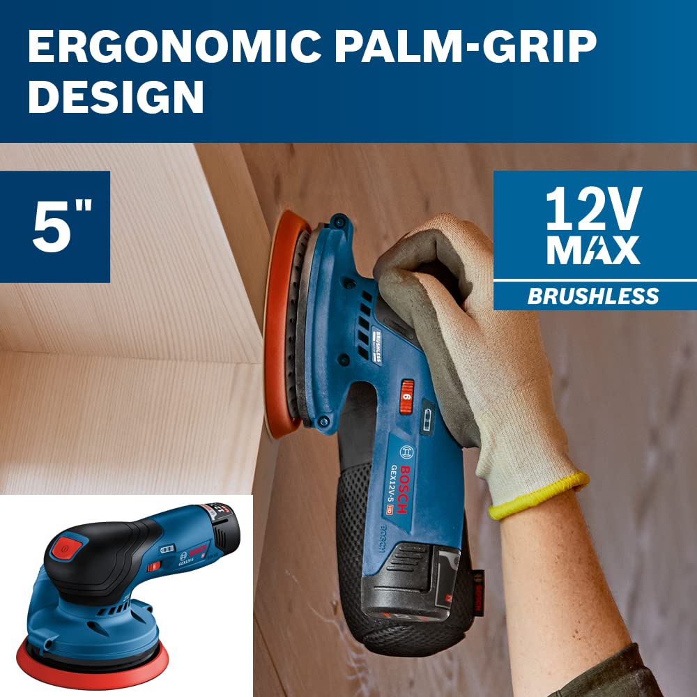 BOSCH GEX12V-5N 12V Max Brushless 5-Inch Random Orbit Sander - Ergonomic Palm Grip, Dust Collection System, Variable Speed Control, Soft-Start Technology (Bare Tool) - Perfect for Woodworking, Sanding Floors, Furniture Refinishing & DIY Projects