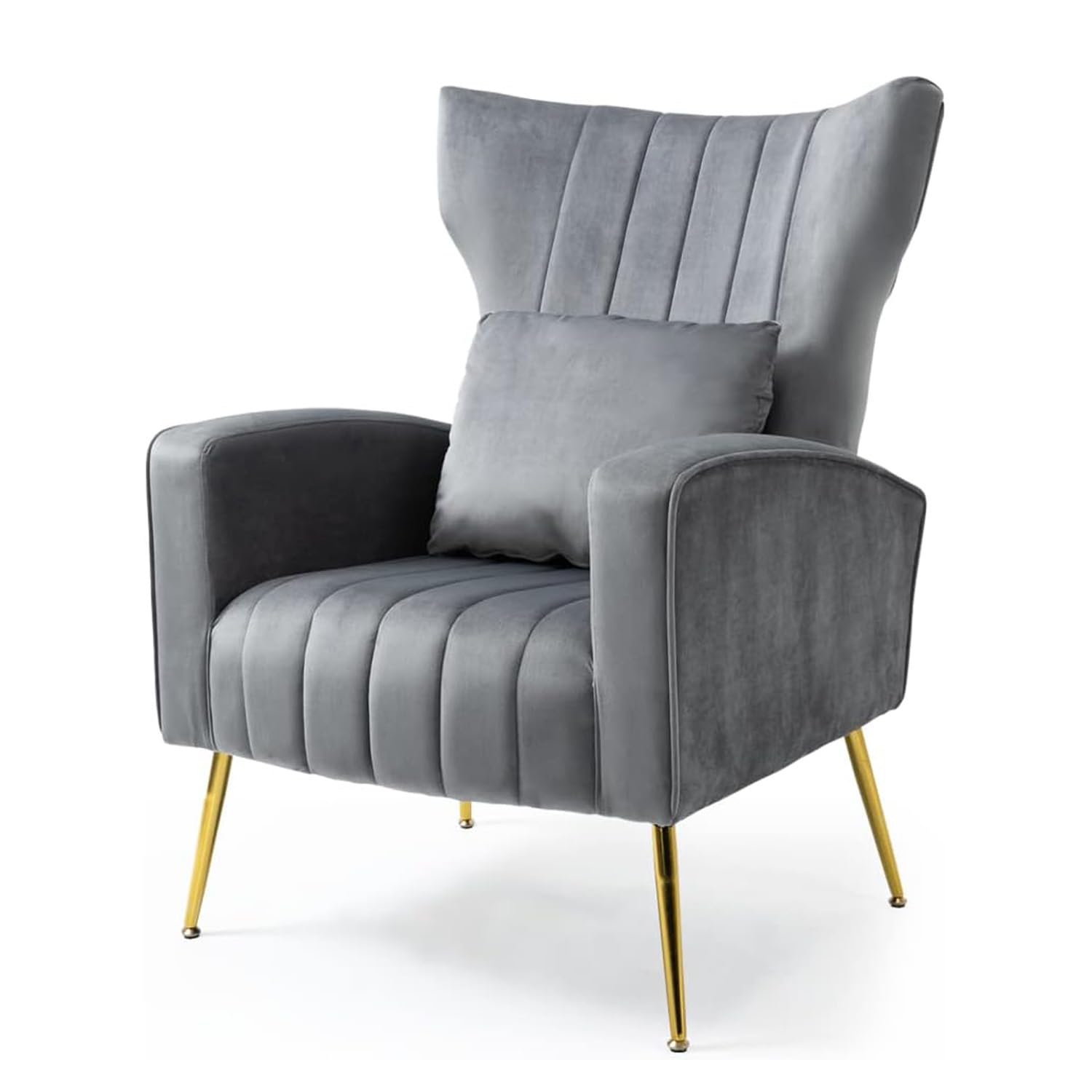 Velvet Accent Armchairs Set of 2 - Wingback Design with Lumbar Pillow - Modern Living Room & Bedroom Chairs - Office Guest Reception Side Chairs - Gold Finish Gray Velvet - Perfect for Home Decor, Lounge Seating & Elegant Entertaining Spaces
