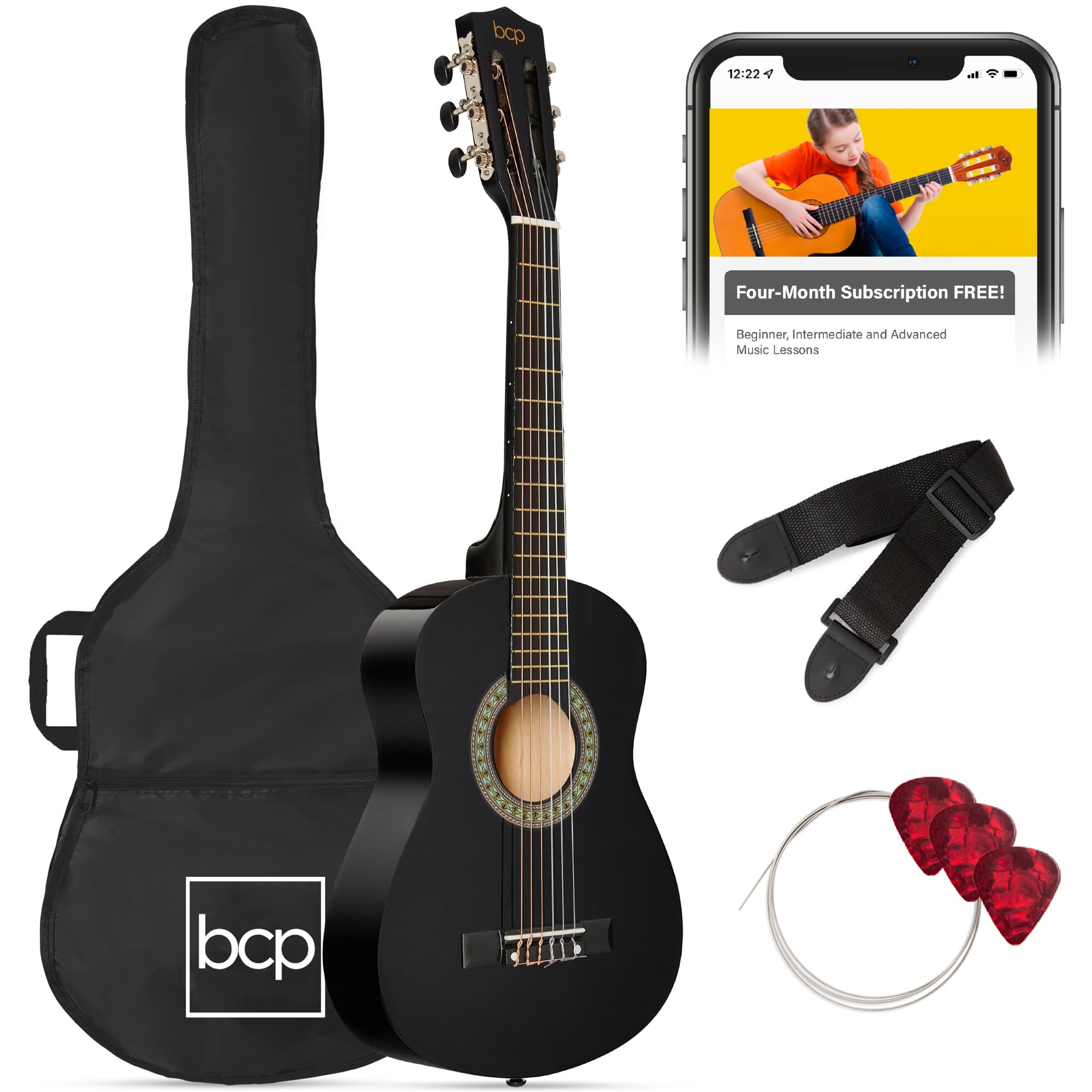 Best Choice Products 30in Kids Acoustic Guitar Starter Kit - Black Beginner Guitar with Strap, Case, Extra Strings & Rosette Inlay - Perfect for Children's Music Lessons, Birthday Gifts & Home Practice