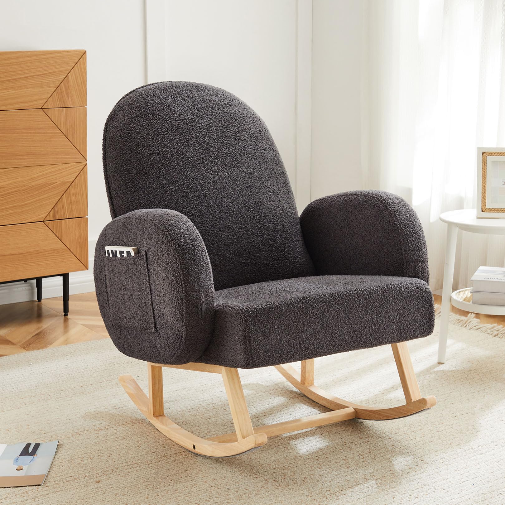 Comfortable Upholstered Rocking Chair with Side Pocket - Rubber Wood Legs Glider Accent Chair for Nursery, Living Room & Bedroom | Perfect for Nursing, Relaxing & Reading
