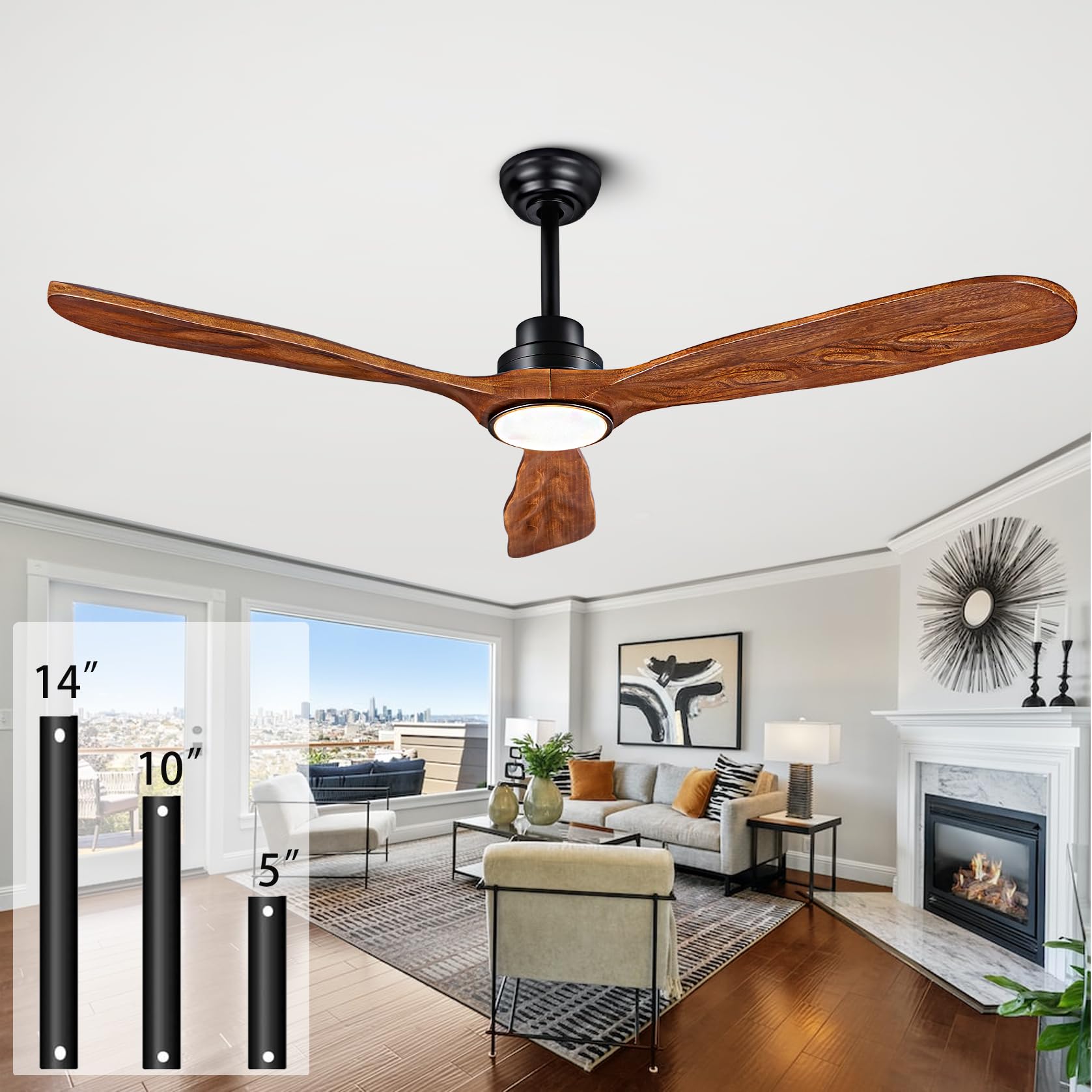60 Inch Wood Ceiling Fan with Lights and Remote Control - Quiet Reversible DC Motor, 3 Blades & 3 Downrods - Farmhouse, Patio, Living Room, Bedroom, Office - Indoor/Outdoor Use (Black + Walnut) - Perfect for Cooling and Lighting Your Home All Year Round