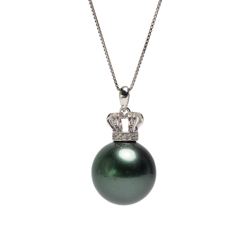 925 Sterling Silver Crown Pearl Pendant with 12MM Black Pearl & Chain Necklace - Elegant Jewelry Gift for Women (Silver) | Perfect for Weddings, Anniversaries & Special Occasions