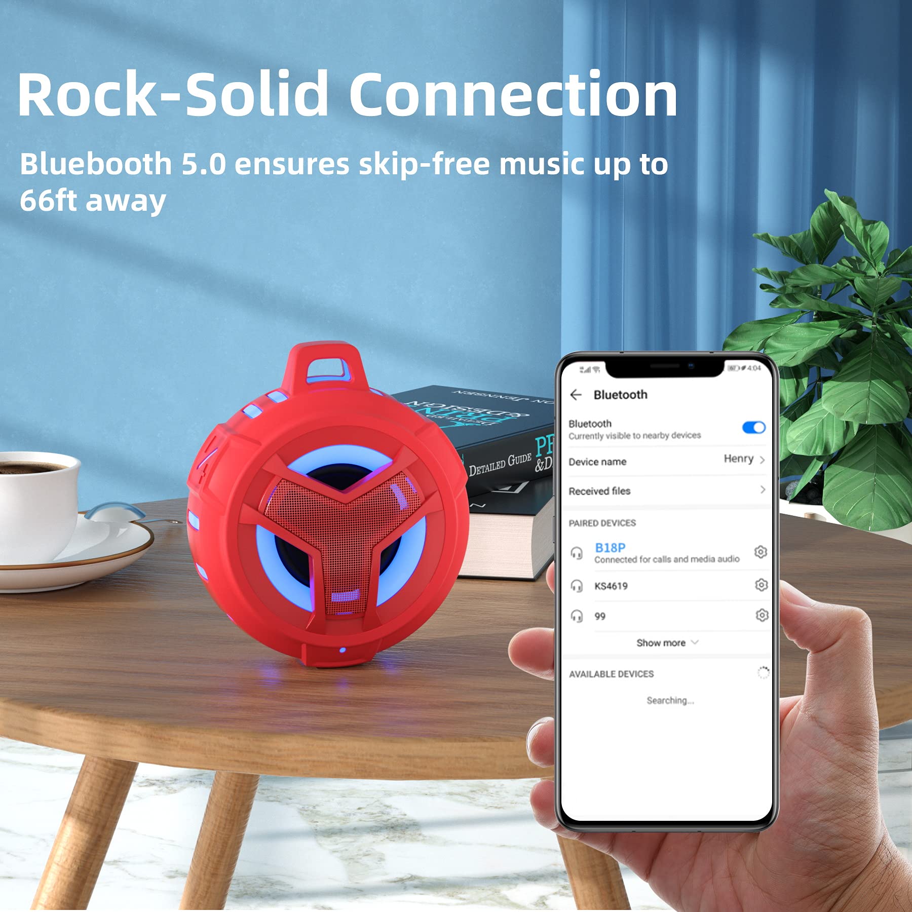 EBODA IP67 Waterproof Bluetooth Shower Speaker with LED Light, Floating Portable Wireless Speaker, 2000mAh Battery, True Wireless Stereo for Pool, Kayak, Bike, Golf, Hiking, Camping, Beach, and Outdoor Adventures - Red