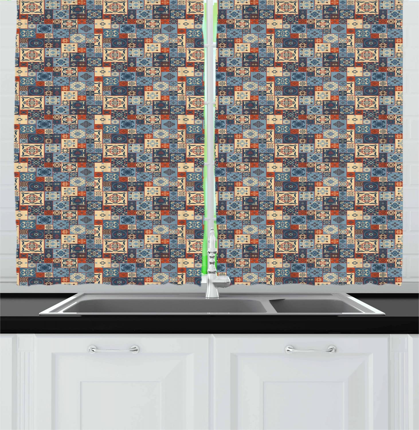 Ambesonne Moroccan Long Kitchen Curtains - Grid Square Pattern Oriental Tunisian Drapes, 2 Panels with Rod Pocket, 55