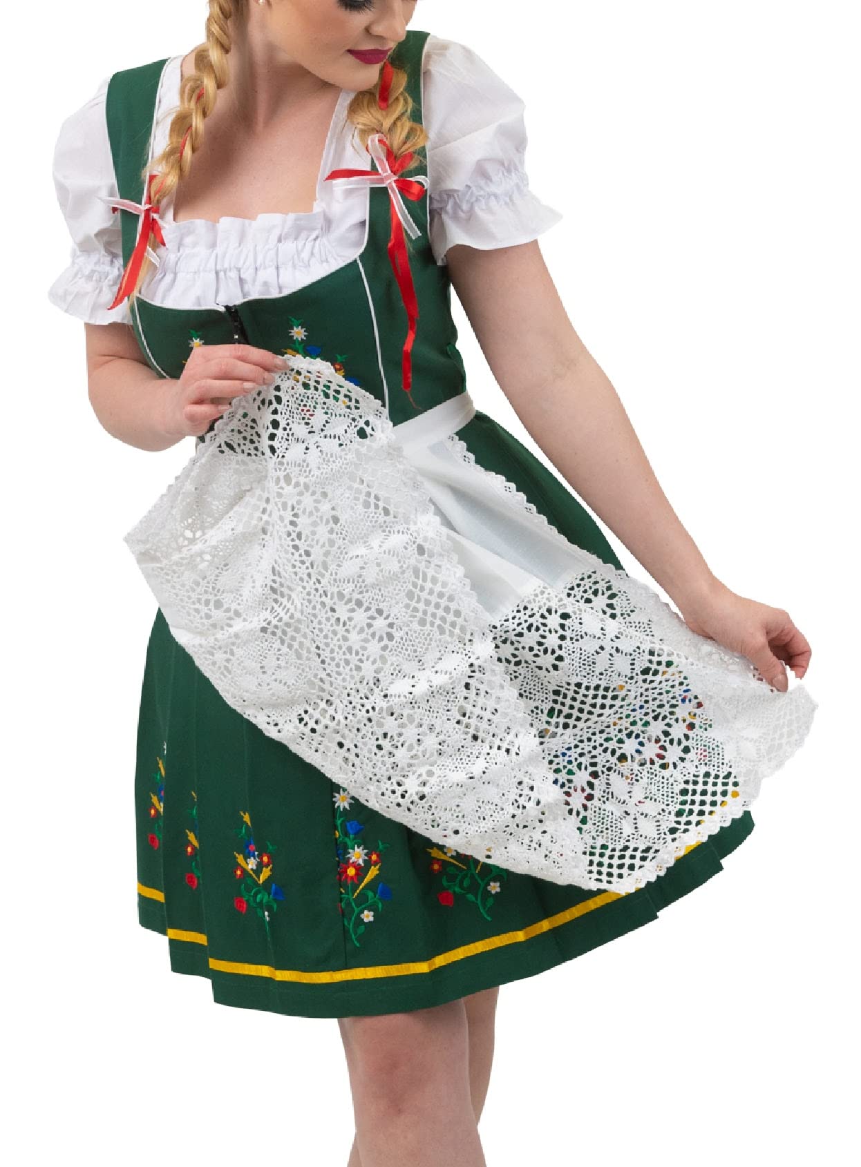 Authentic German Oktoberfest Dirndl Dress 3-Piece Set - Green Embroidered Knee-Length Trachten Outfit with Lace Apron & Crop Top | Perfect for Oktoberfest, Beer Festivals, Cultural Events & Bavarian Themed Parties