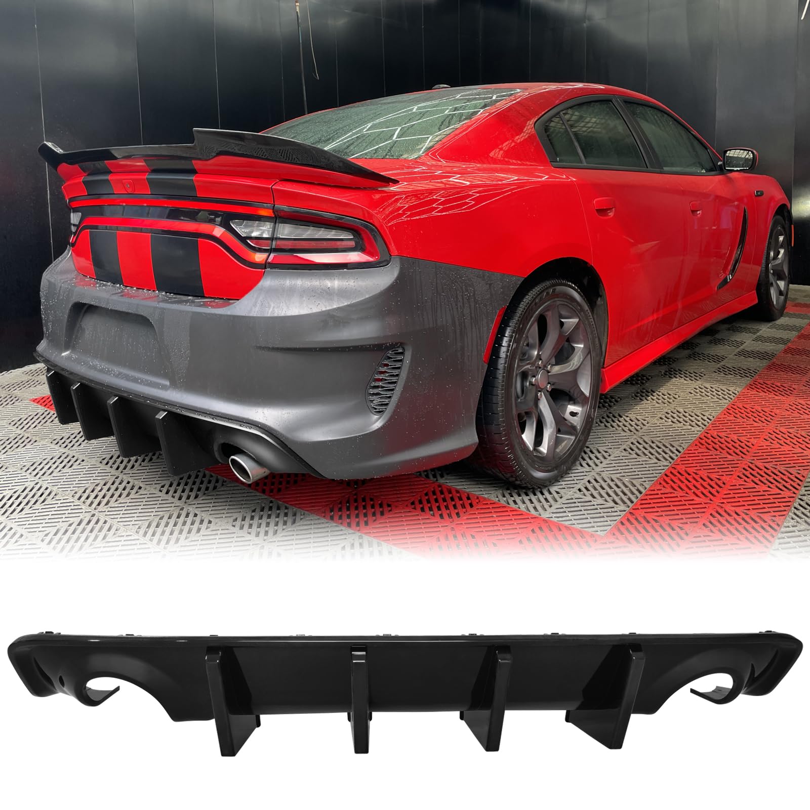 FREEMOTOR802 Rear Diffuser for 2020-2023 Dodge Charger Widebody - Gloss Black PP Bumper Lip with 4 Fins & Side Apron Spats | IKON Style Upgrade | Enhances Aerodynamics & Sporty Look for Street Racing & Car Shows