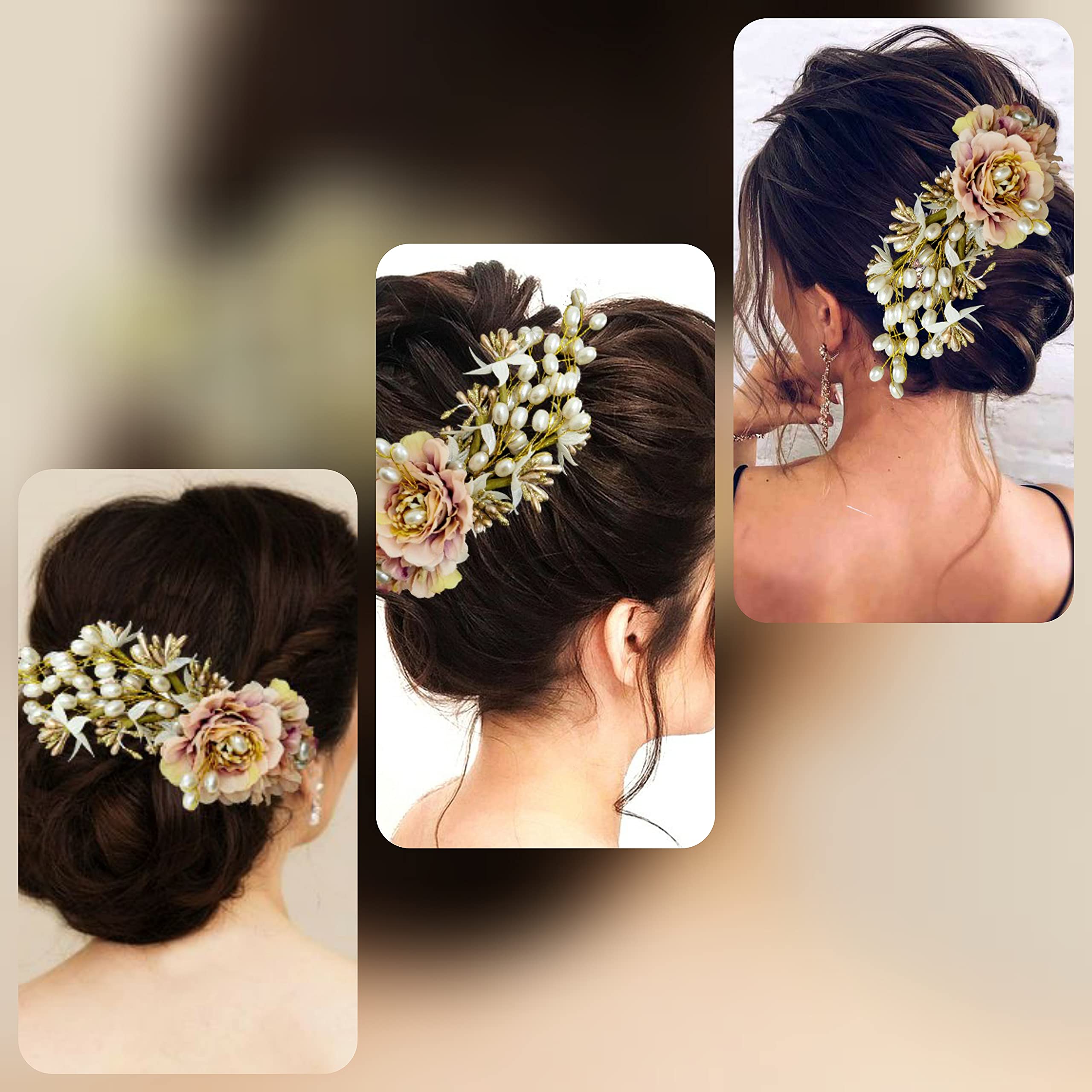 Artificial Peony Flower Hair Clip with Pearl Comb - Elegant Side Bun Hair Accessories for Women & Girls (Peach) - Perfect for Weddings, Parties & Everyday Style