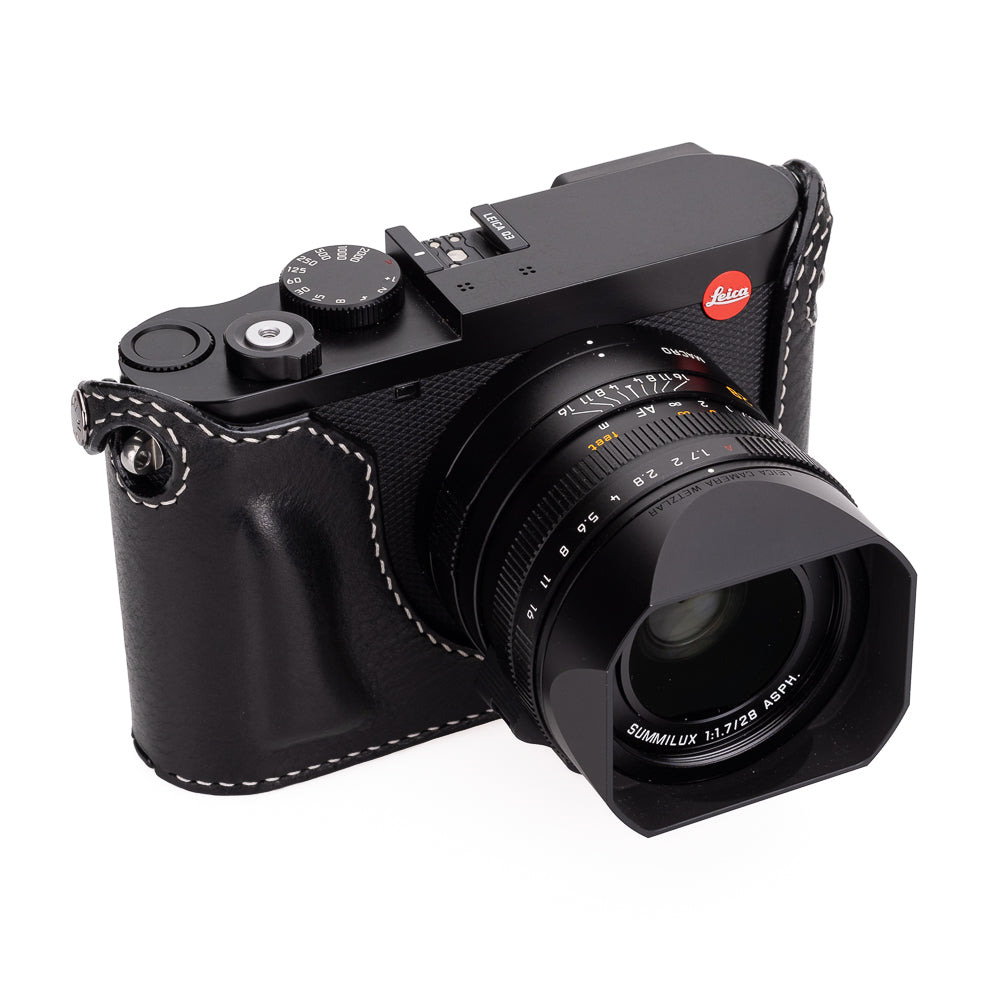 Arte di Mano Leica Q3 Half Case (Type 2 TR) - Premium Snap Secured Camera Cover with Tripod Mount - Rally Black & White Stitching Leather Protection - Perfect for Street Photography & Travel