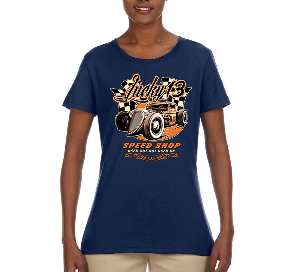 Lucky 13 Speed Shop Vintage Cars & Trucks Women's Graphic T-Shirt | Retro Automotive Tee for Casual Wear & Car Enthusiasts