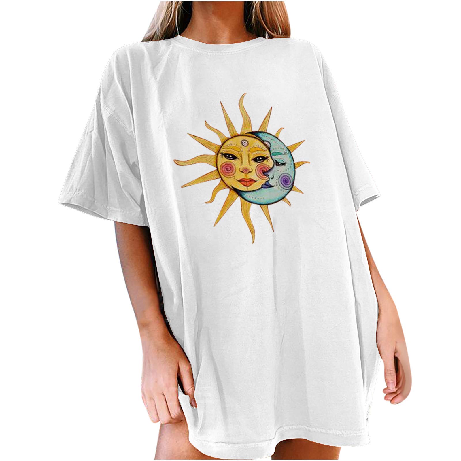 Vintage Printed Short Sleeve Women's Blouse - Casual Sun & Moon Pattern Top (White, Medium) | Perfect for Summer Outfits, Beach Wear & Boho Fashion