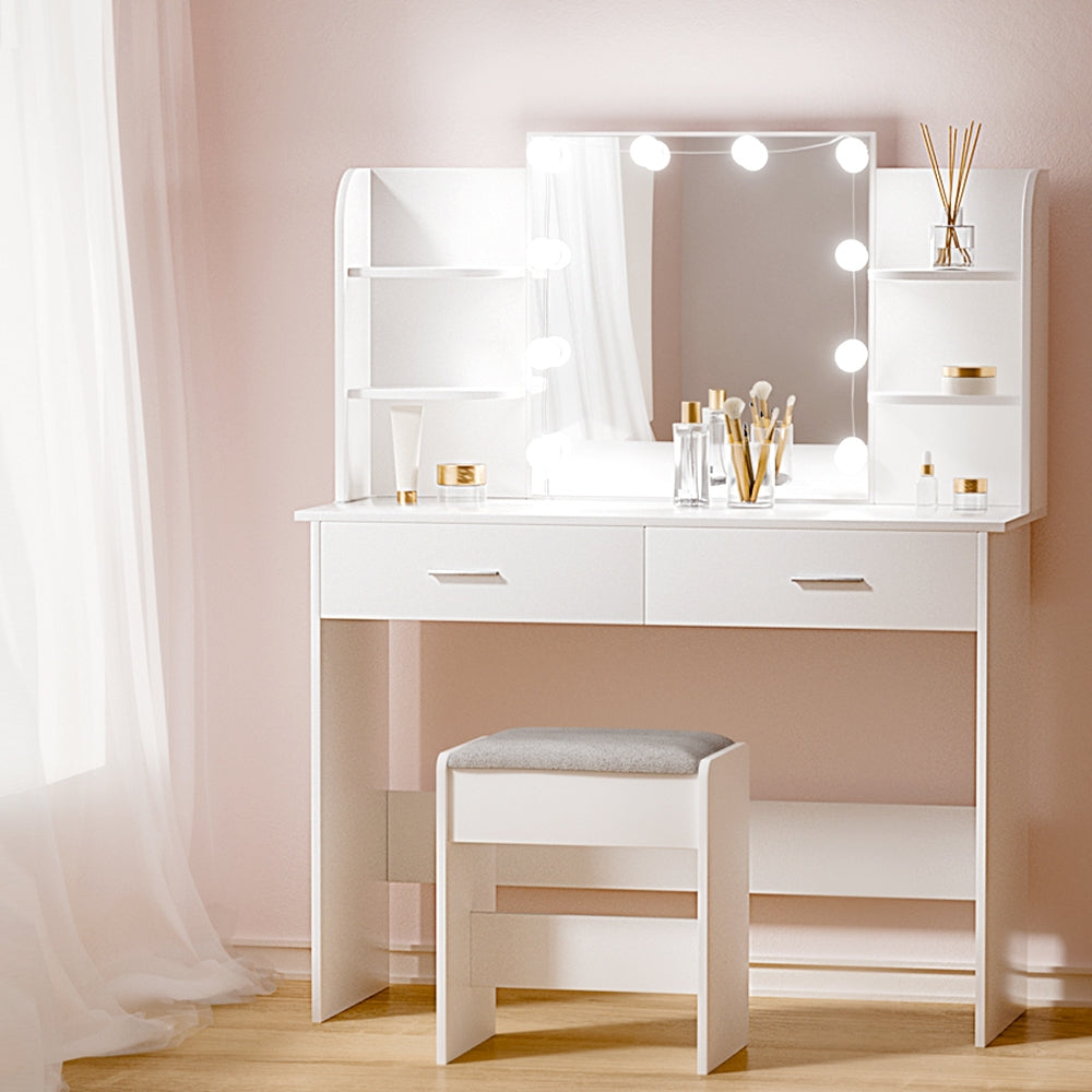 Dulcea LED Vanity Mirror with Stool Set - Adjustable Brightness, Touch Control, White - Perfect for Makeup, Skincare, and Hairstyling at Home