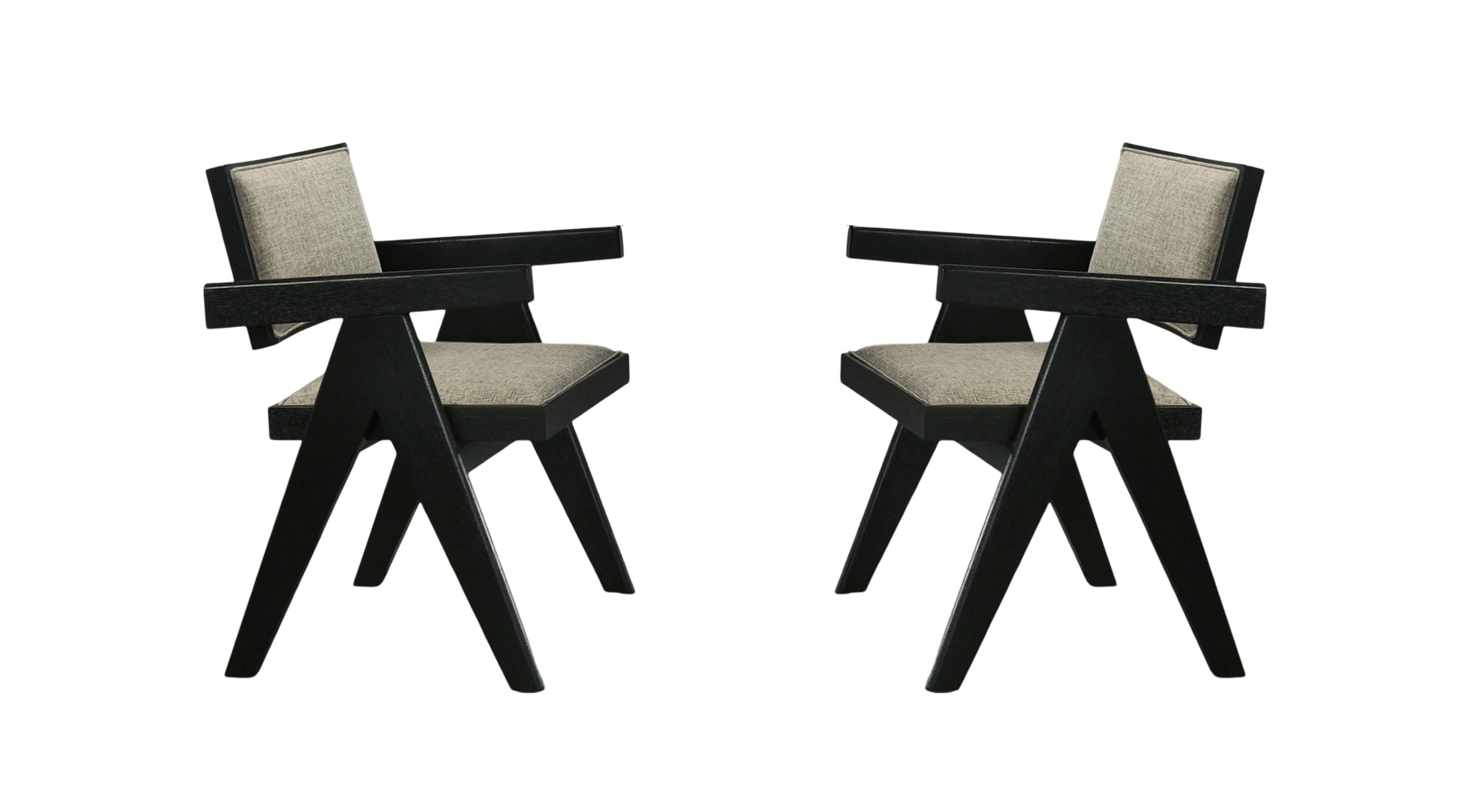 Modern Black 2-Piece Dining Arm Chairs with Light Gray Fabric Upholstery and Plank Arms - Elegant Dining Room Seating for Home, Restaurant, or Cafe