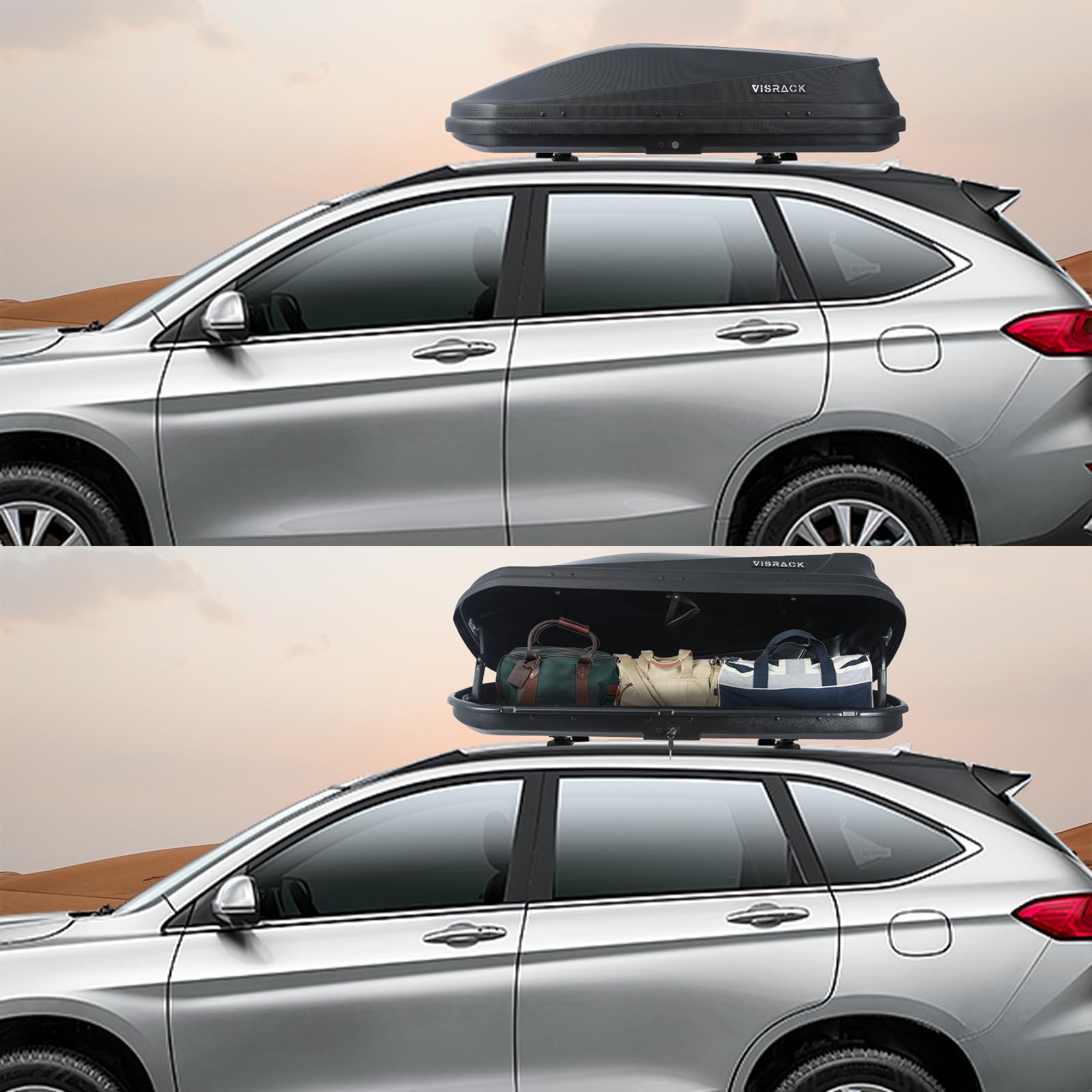 **Carbon Black Rooftop Cargo Box – 14 Cubic Feet Large Capacity, Heavy Duty Waterproof Car Top Storage Carrier with Dual Side Opening & 3D Diamond Embossing – Perfect for Road Trips, Camping, and Extra Luggage Storage**