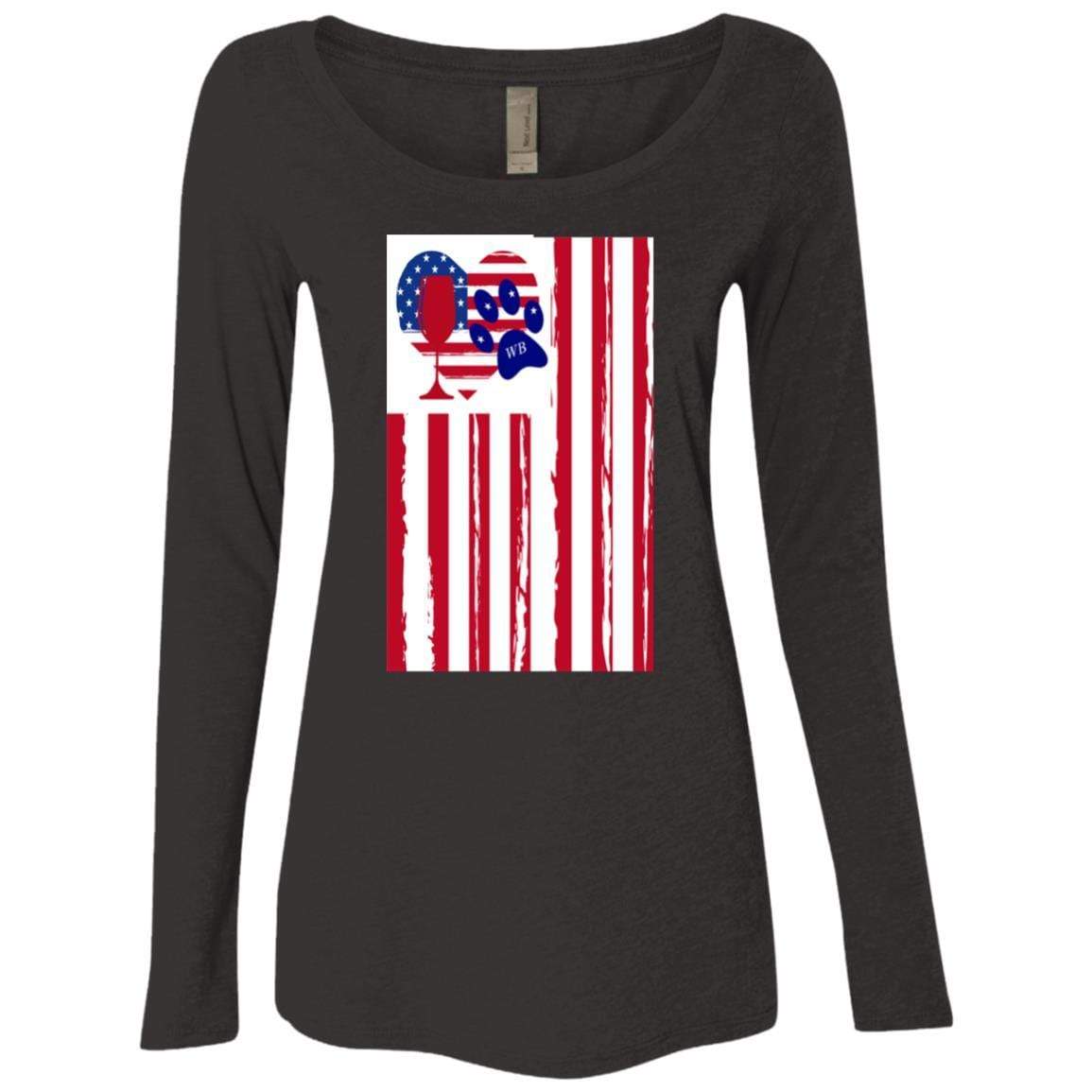 American Flag Wine Glass - Patriotic Heart Paw Print Design for Women | Long Sleeve Scoop Neck Triblend Shirt | Perfect for 4th of July, Memorial Day & Girls Night Out