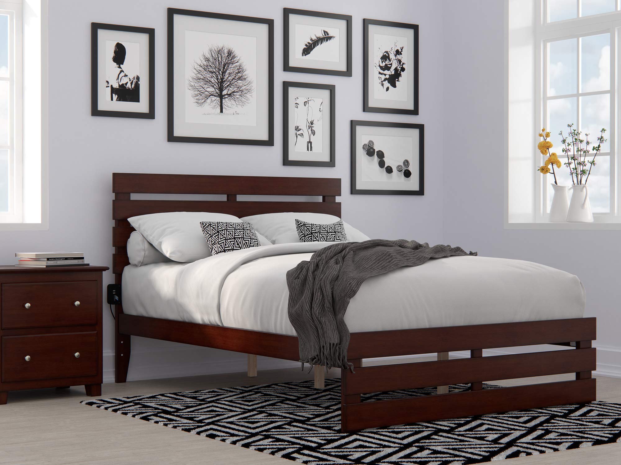 AFI Oxford Full Size Platform Bed with Footboard & USB Charging Station - Solid Walnut Wood Frame - Modern Minimalist Bedroom Furniture for Small Spaces & Apartments
