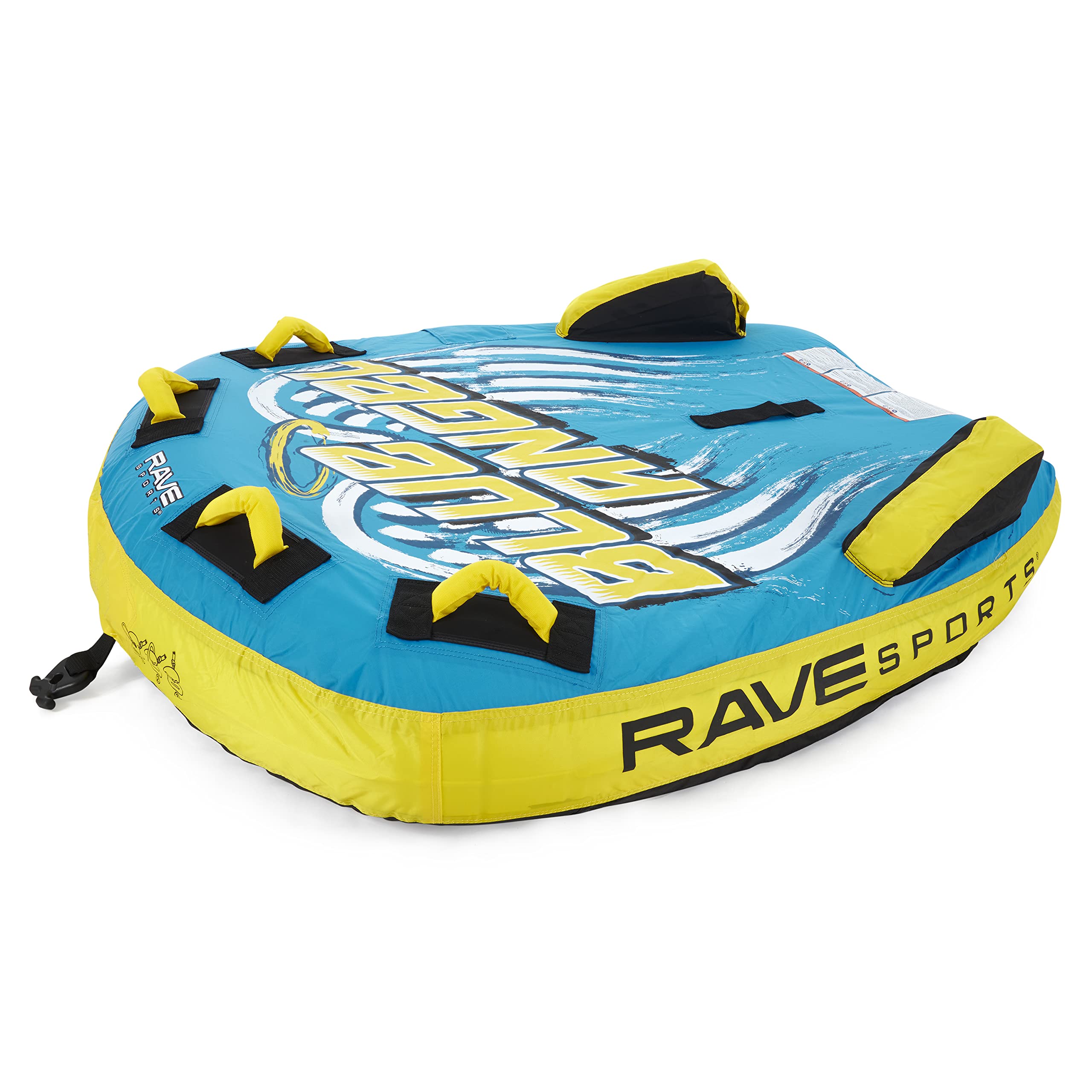 RAVE Sports 02962 Blue Angel Inflatable 2-Person Towable Tube for Boating - Heavy-Duty Water Raft with Handles & Quick-Connect Tow Point (Blue/Yellow) - Perfect for Lake, River, and Ocean Water Sports Fun