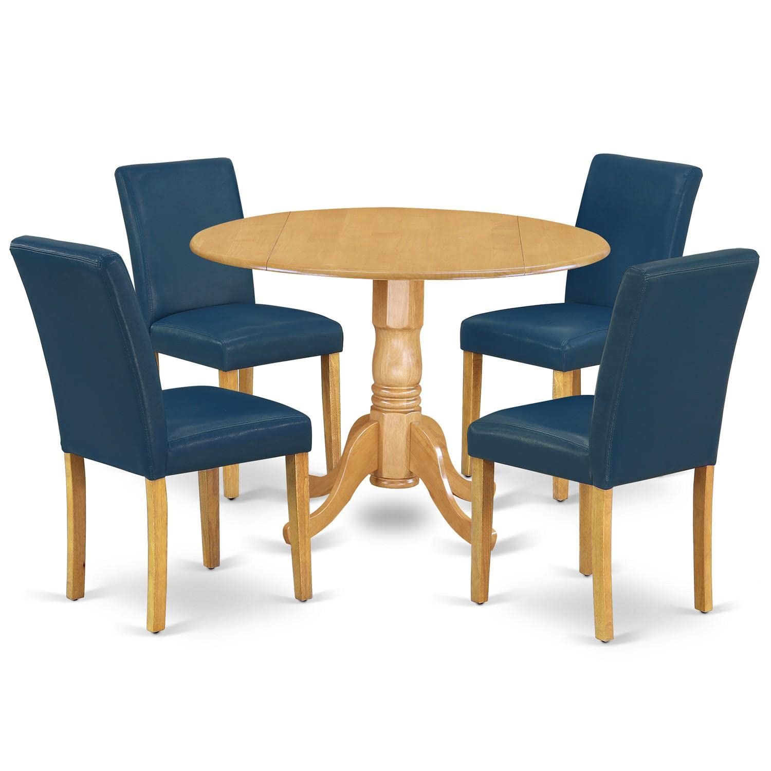 East West Furniture DLAB5-OAK-55 5-Piece Round Dining Table Set with Drop Leaf & 4 Oasis Blue Faux Leather Parsons Chairs - 42x42 Inch Oak Finish - Perfect for Small Spaces, Breakfast Nooks & Cozy Family Dinners