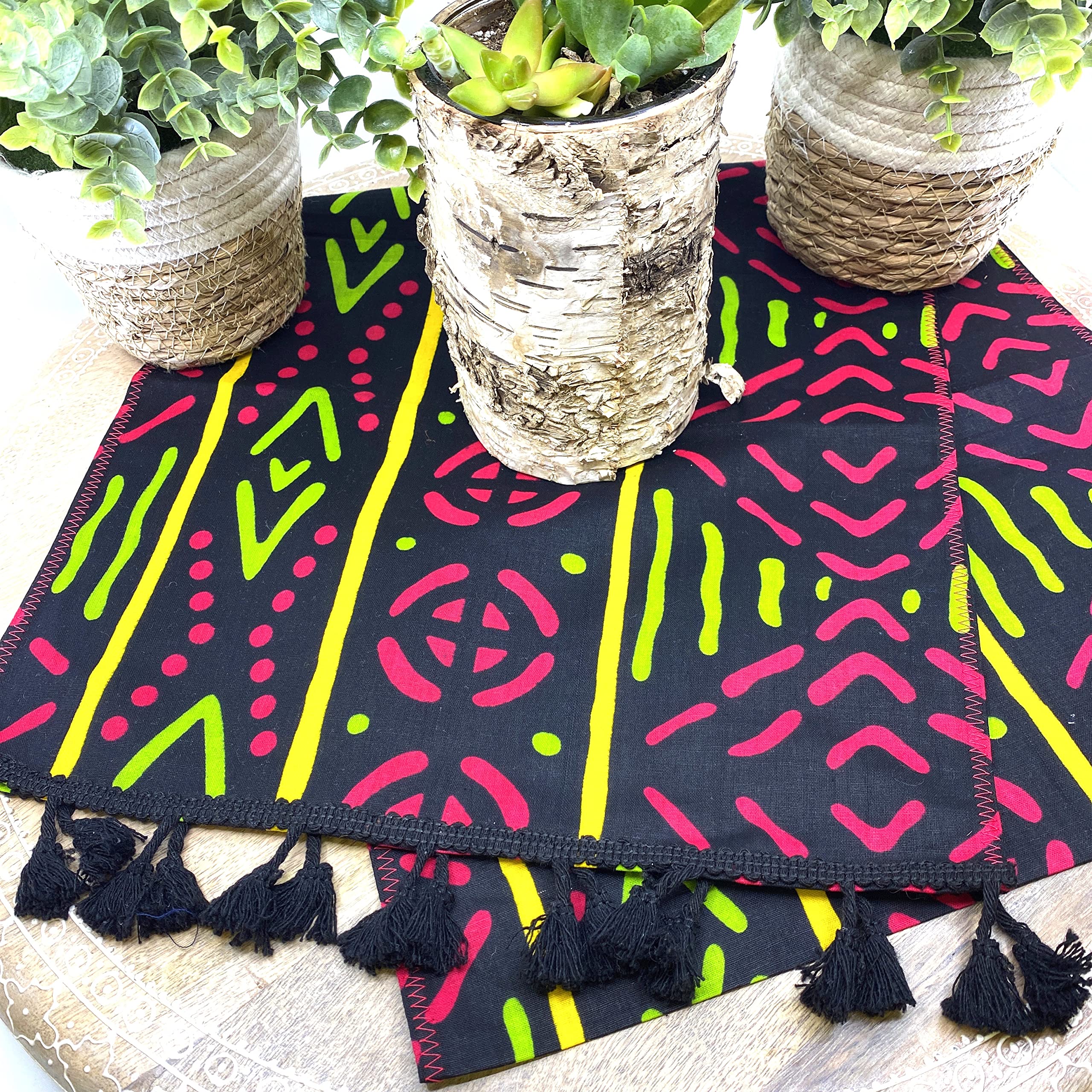 SUNSUM Handmade Cotton Wax Print Coffee Table Runner - Pink & Green Boho Style Decorative Table Cover for Dining Room, Living Room, Wedding Decor