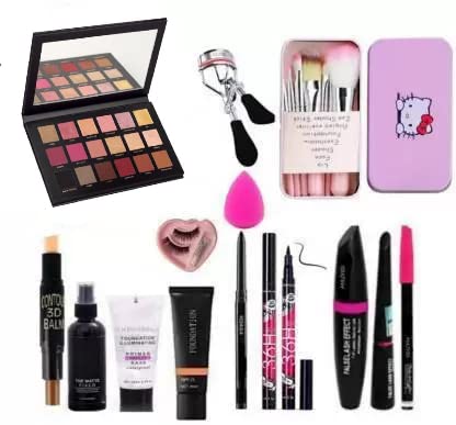 TUMR 18 Multicolor Rose Eyeshadow Palette & 20-Piece Makeup Kit with 7 Brushes, Contour Stick, Primer, Foundation, Kajal, 36H Eyeliner, Lashes & Curler, Beauty Blender, 3-in-1 Liner, Mascara, Eyebrow Pencil – Perfect for Professional Makeup, Everyday Glam, and Special Occasions