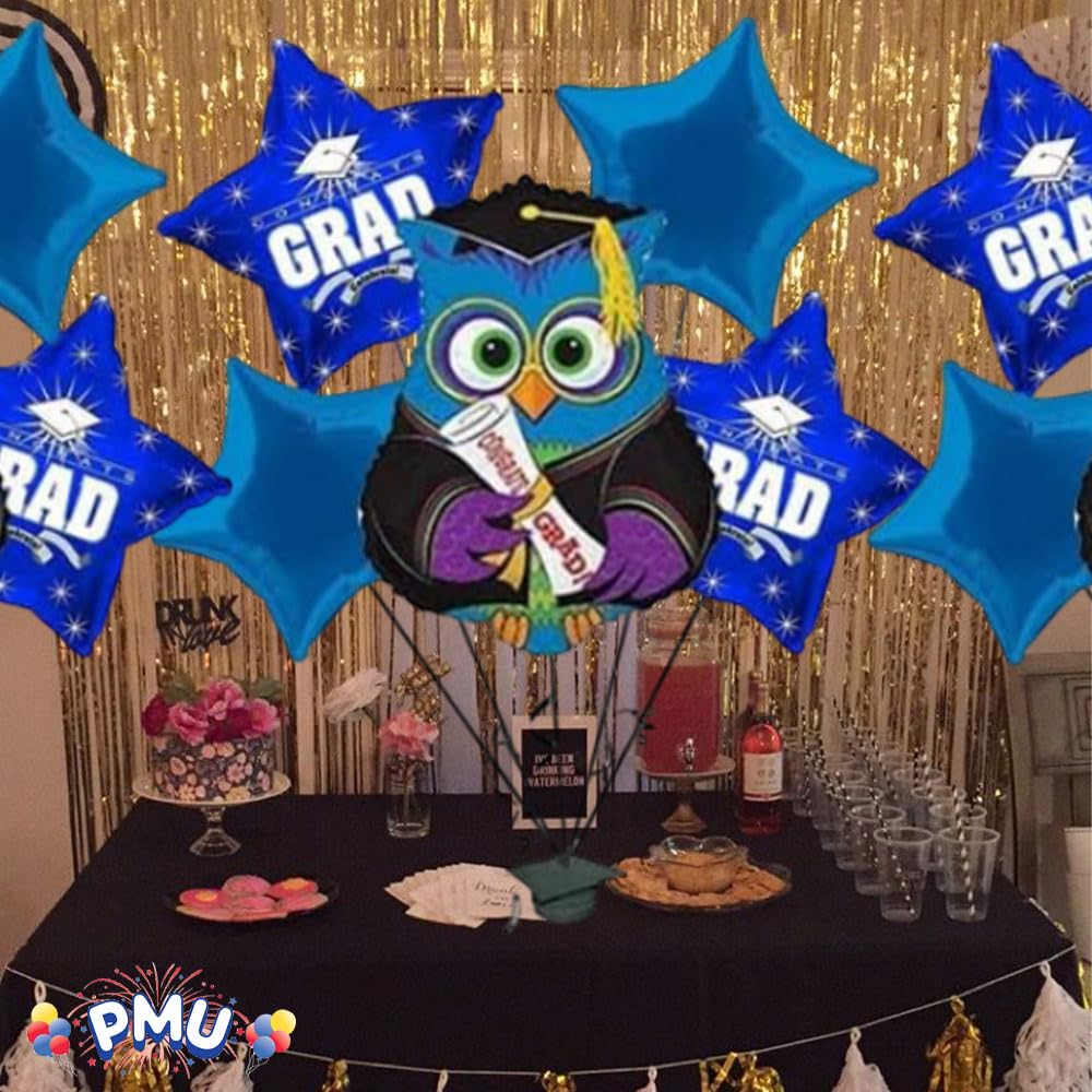 PMU Congrats Grad Balloon Bouquet - Graduation Decoration Mylar Balloons Set of 5 | Celebrate Success with Vibrant Blue 'Wise Owl Grad' Balloons | Perfect for Graduation Parties, School Events & Photo Backdrops