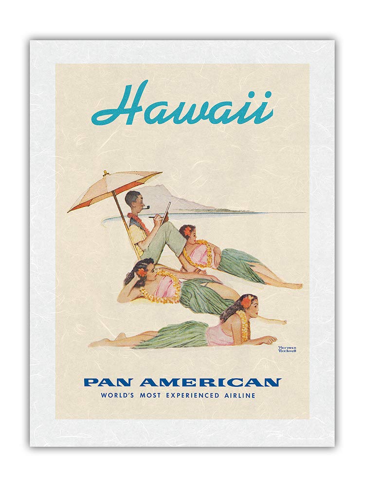 Vintage 1956 Norman Rockwell Pan American World Airways Hawaii Hula Dancers Travel Poster - Premium 18x24 Inch Unryu Rice Paper Art Print for Home & Office Decor