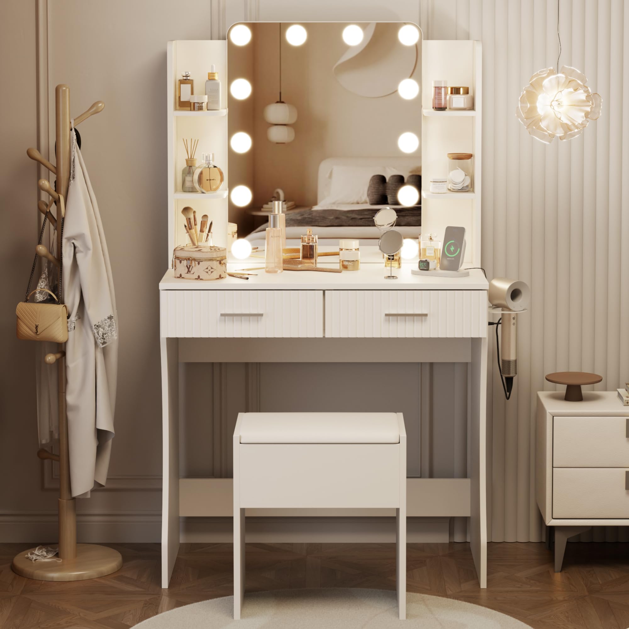 LED Vanity Desk with Lighted Mirror - Adjustable Makeup Vanity Set with 3 Lights, 2 Drawers & 4 Shelves, Includes Storage Stool - Perfect for Bedroom, Dressing Room & Beauty Salon (White)