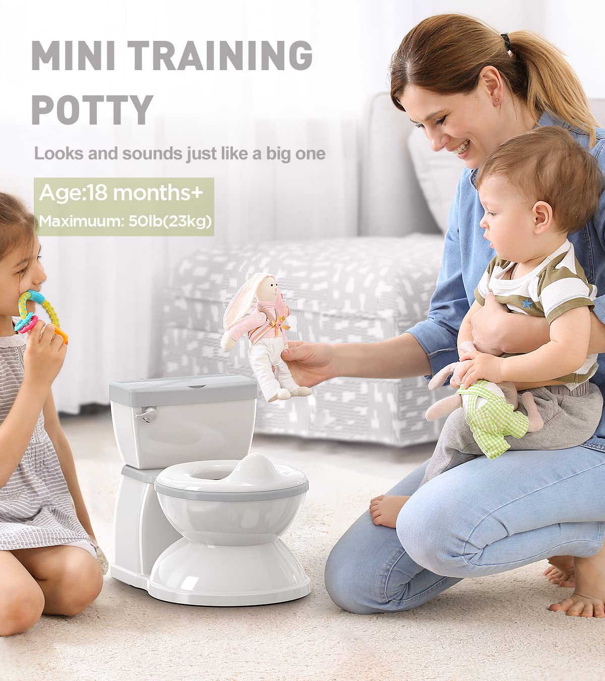 **Realistic Baby Potty Training Toilet with Flushing Sound & Adult-Like Feel – Removable Pot, Storage Tank & Toilet Paper Holder for Toddlers Aged 1-3 (White-Grey) – Perfect for Home & Travel Potty Training**