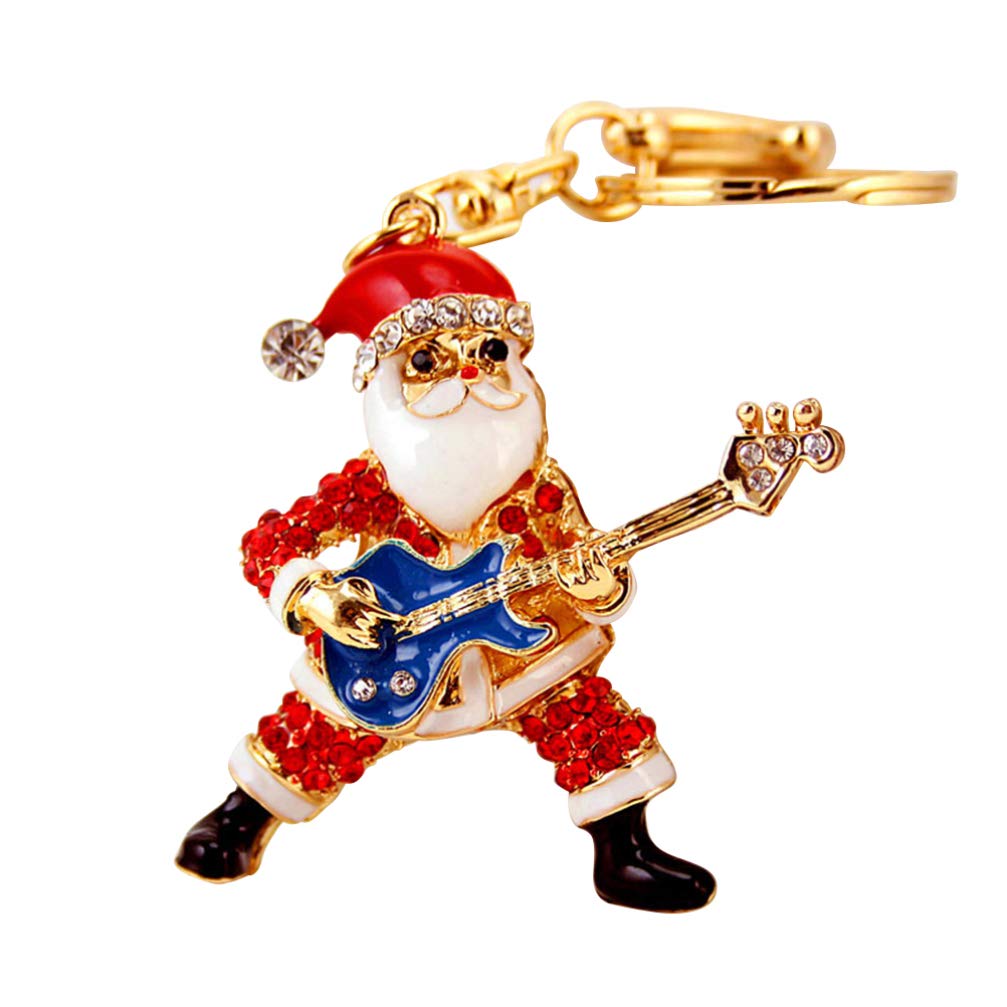 Amosfun Christmas Santa Claus Playing Guitar Cartoon Metal Keychain - Perfect Gift for Holiday Decorations, Stocking Stuffers & Key Organizers
