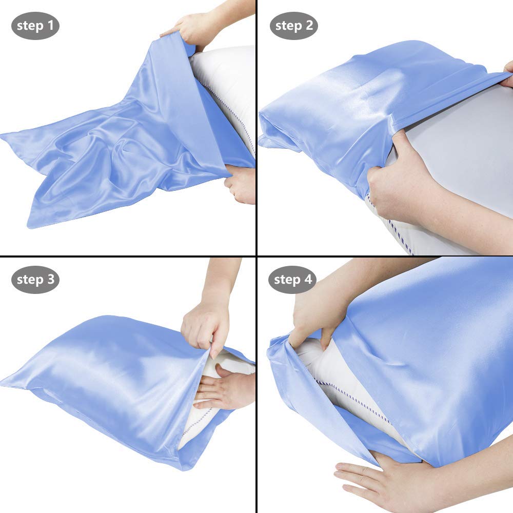 Luxury Satin Pillowcase for Hair and Skin - Super Soft & Cooling King Size Pillow Cover (20x40 Inches) - 2-Pack with Envelope Closure - Light Blue - Perfect for Beauty Sleep & Skin Care