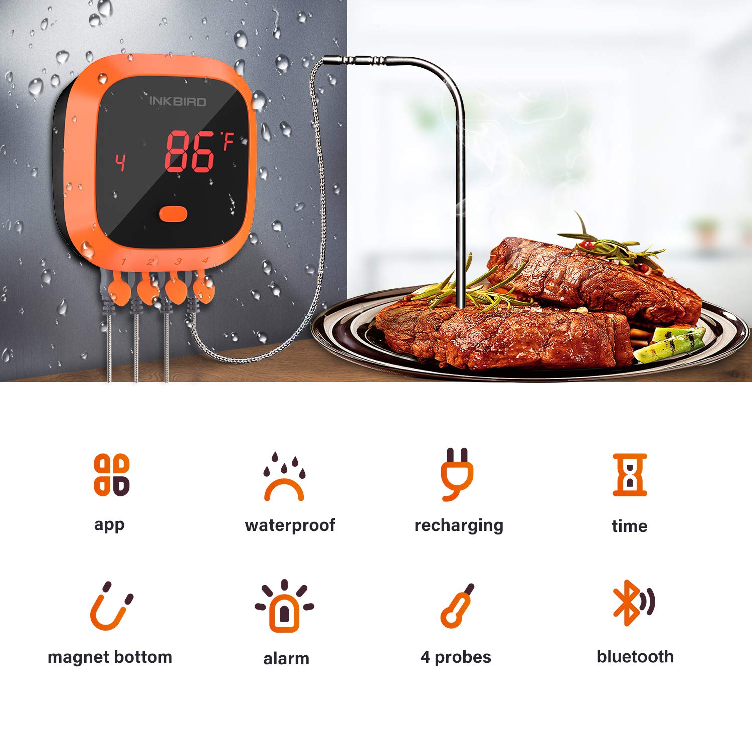 Inkbird IBT-4XC 150FT Waterproof Bluetooth Meat Thermometer with 4 Probes, Magnet, Timer & Alarm | Wireless Digital BBQ Grill Thermometer for Cooking, Smoking, Grilling | Perfect for Kitchen, Oven, Smoker & Outdoor BBQ Parties