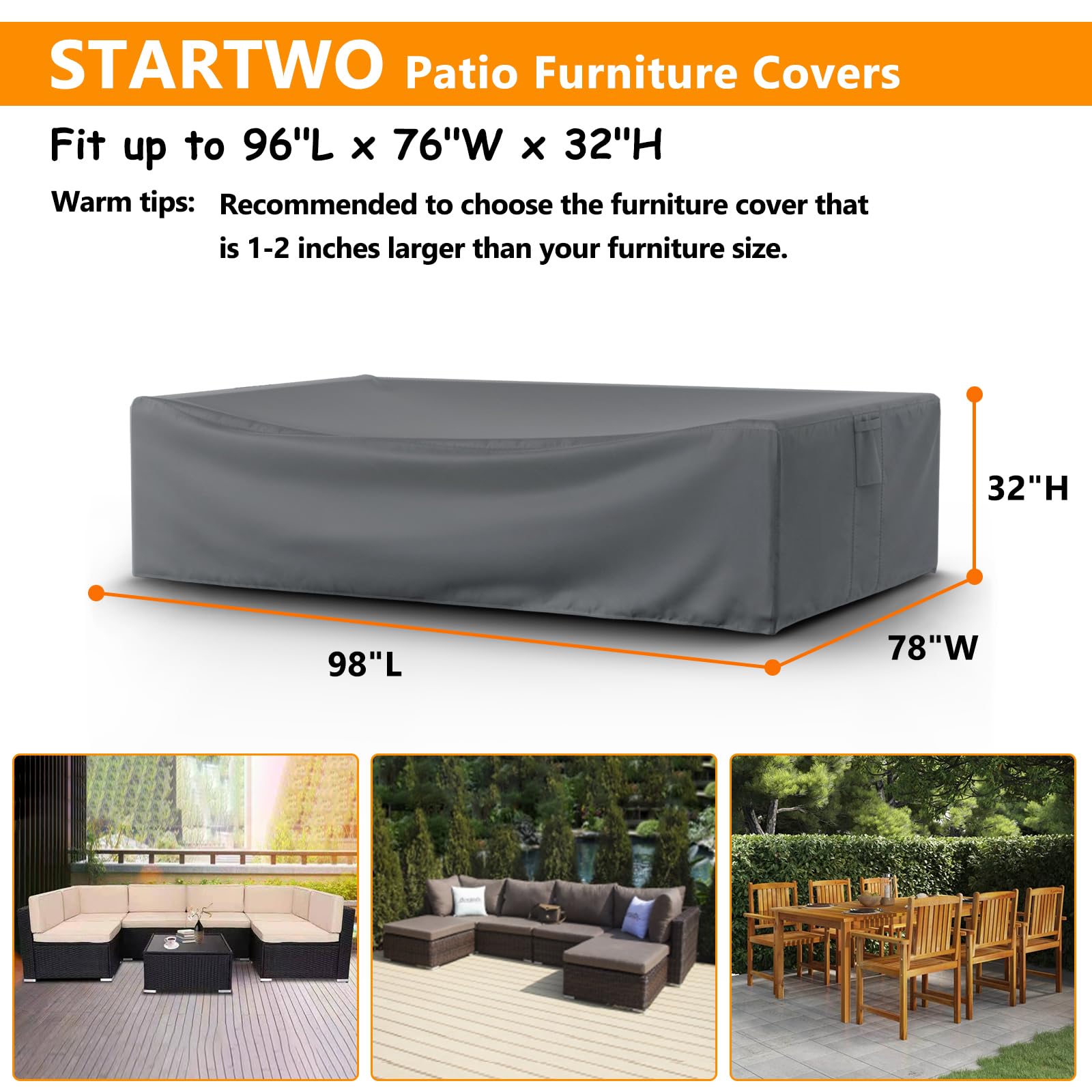 Waterproof 500D Heavy Duty Patio Furniture Covers for Outdoor Sectional Sofa - 98x78x32 Inches Windproof Buckle Design - Gray Weatherproof Covers for Patio Table & Chair Sets - Perfect for Backyard, Deck, Garden & Poolside Furniture Protection