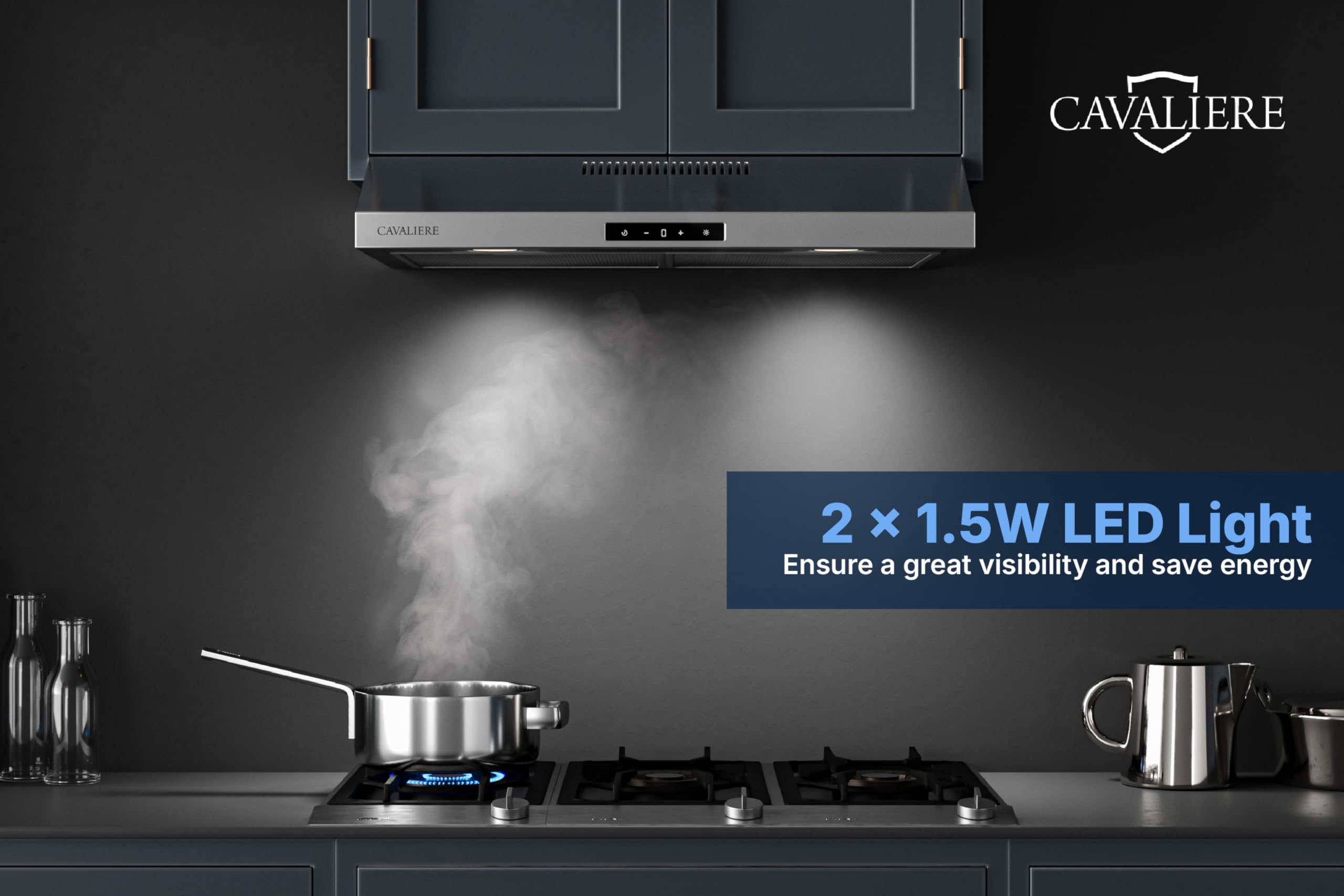 CAVALIERE 30 Inch Under Cabinet Range Hood - Ultra Slim Stainless Steel Kitchen Exhaust Vent with 200 CFM, 3 Speed Fan & Touch Control LED Lights - 3 Year Warranty - Perfect for Modern Kitchens and Small Spaces