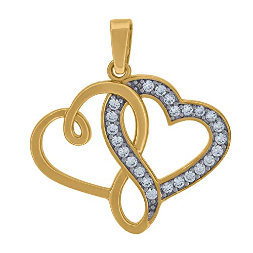 14K Two-Tone Gold Women's CZ Cubic Zirconia Simulated Diamond Double Heart Charm Pendant Necklace - 21x19.2mm Elegant Jewelry Gift for Her | Perfect for Anniversaries, Valentine's Day & Special Occasions