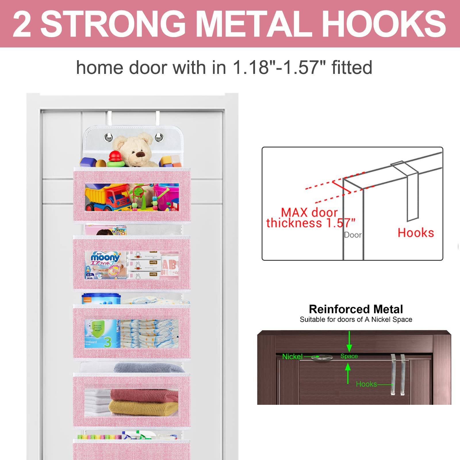 Homyfort Over The Door Organizer with 5 Large Pockets - Pink Wall Storage for Nursery, Girls Room, Pantry, Dorm, Bathroom & Closet | Space-Saving Solution for Home Organization & Decluttering