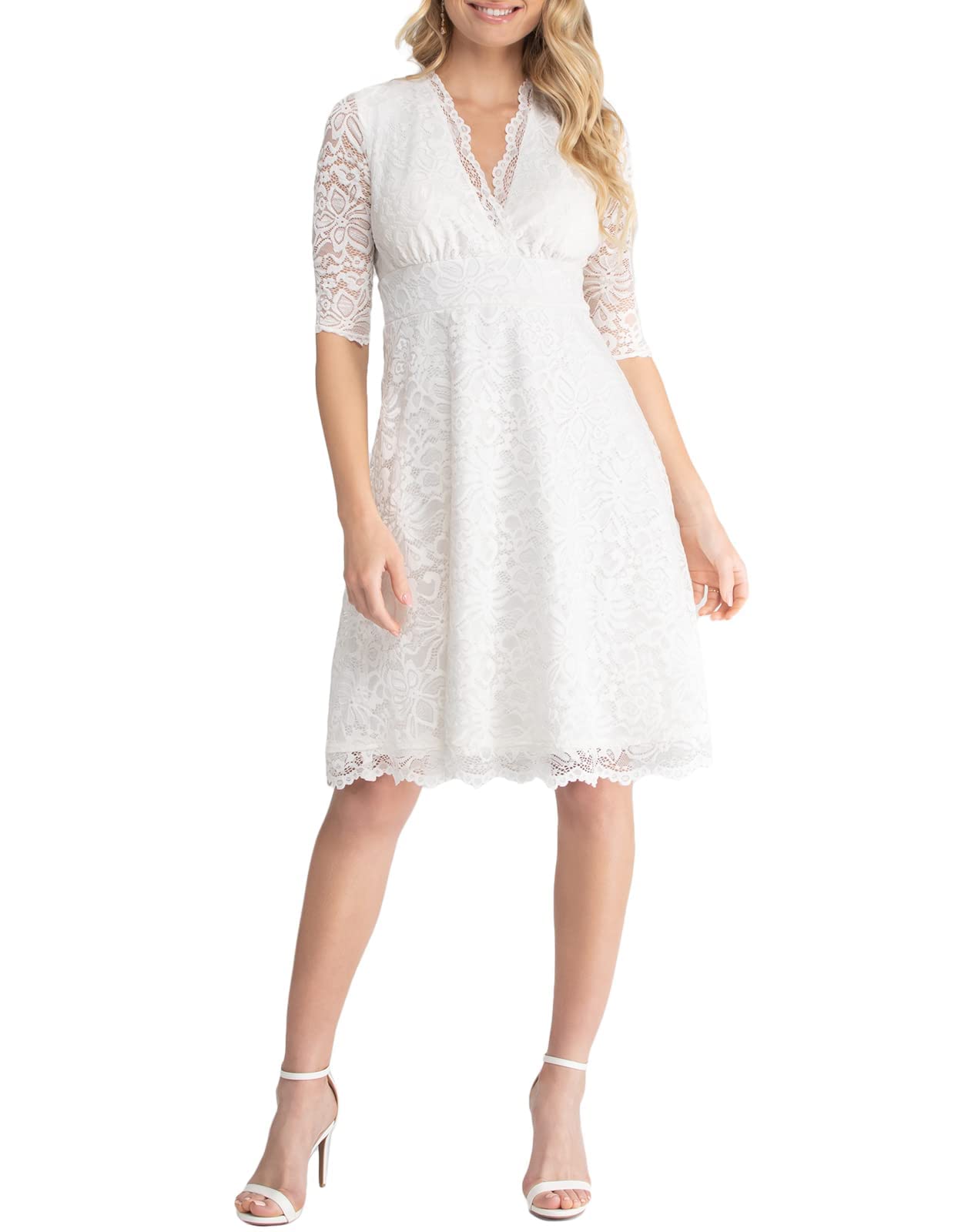 Kiyonna Women's Plus Size Bella Short Ivory Lace Dress - Elegant White Wedding Guest Dress, Bridal Shower Outfit & Graduation Midi Dress for Special Occasions | Perfect for Weddings, Parties & Formal Events