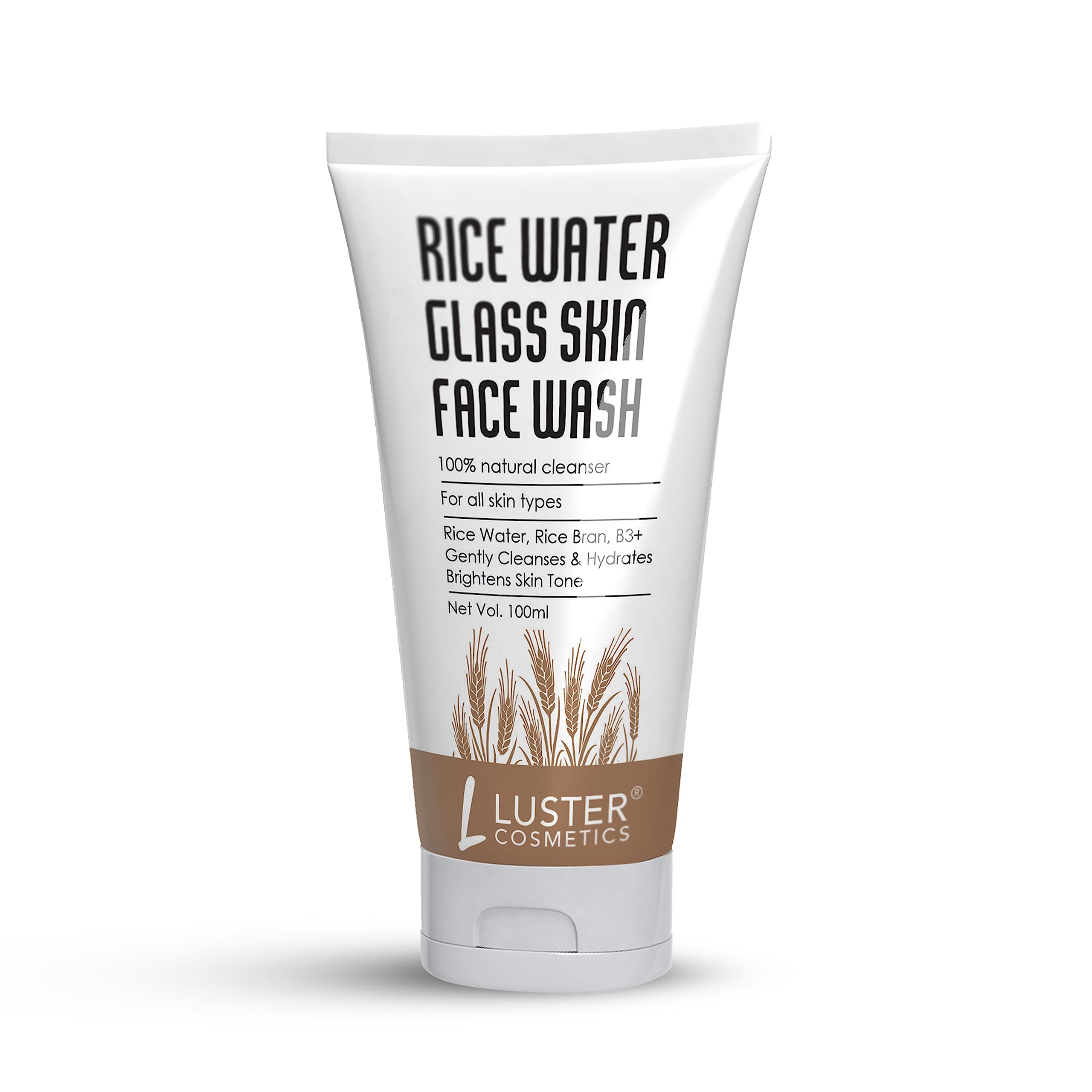 Luster Cosmetics Rice Water Glass Skin Face Wash - Gentle Cleansing & Hydrating Facial Cleanser for Brightening Skin Tone | Paraben & Sulfate Free | Suitable for All Skin Types (Men & Women) | 100ml | Perfect for Daily Skincare Routine & Achieving Radiant Glow