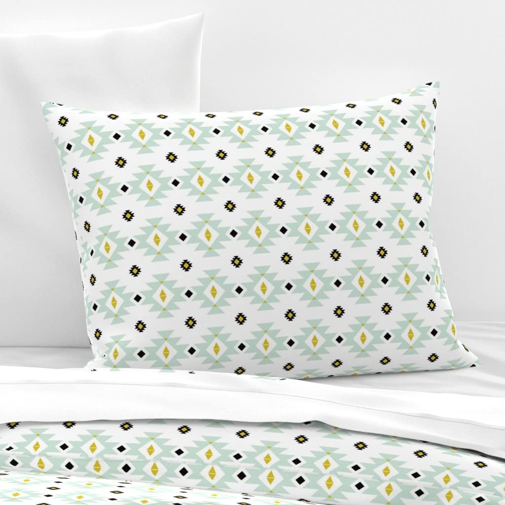 Custom Printed Cotton Sateen Sham - Mint Southwestern Boho Graphic Nursery Bedding | Bohemian Art Deco Style Pillow Cover for Home Decor, Kids Room & Guest Bedroom