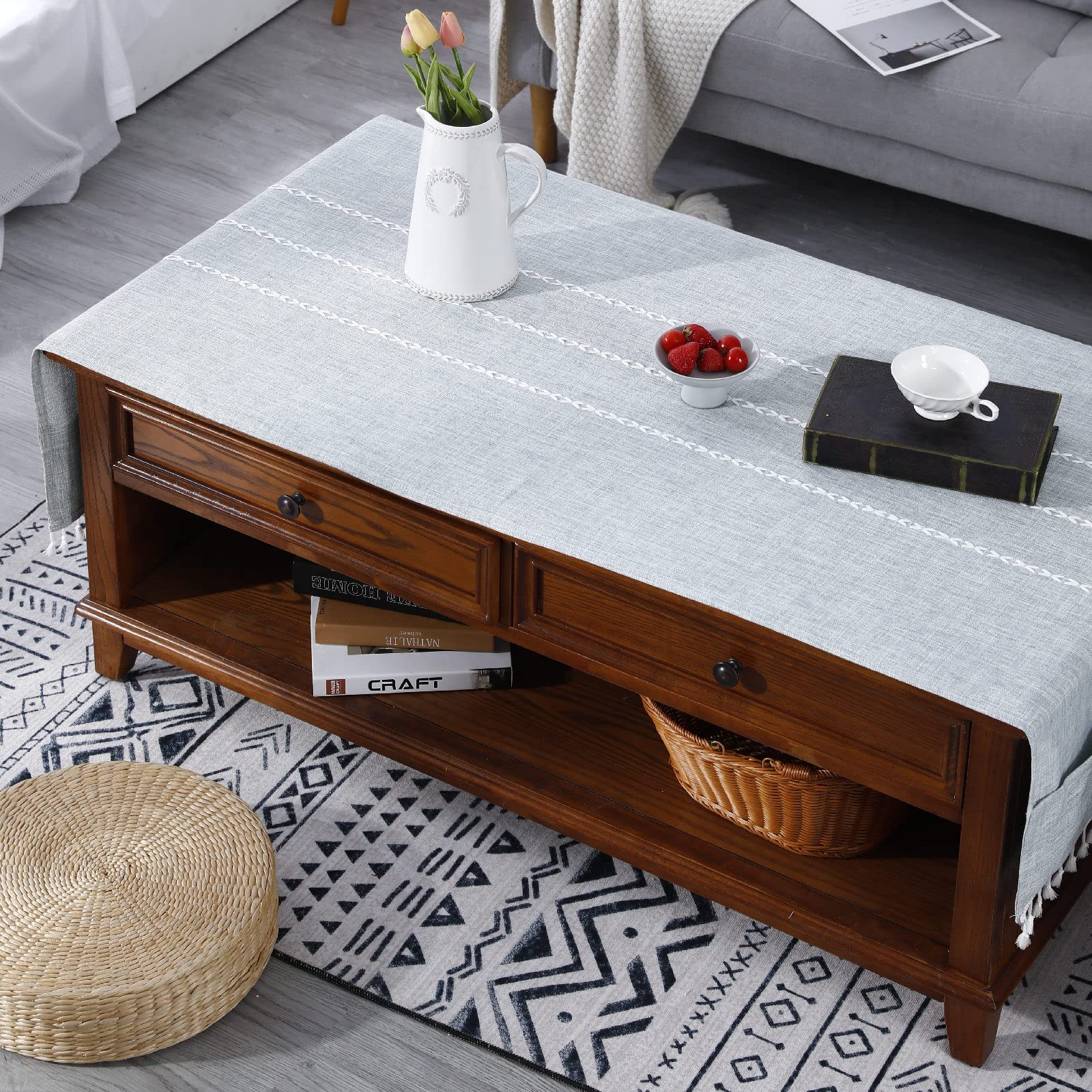Linen Tassel Coffee Table Cover with Pockets - Elegant Rectangular Tablecloth for Living Room Decor | Perfect for Dining Tables, Side Tables & Home Styling
