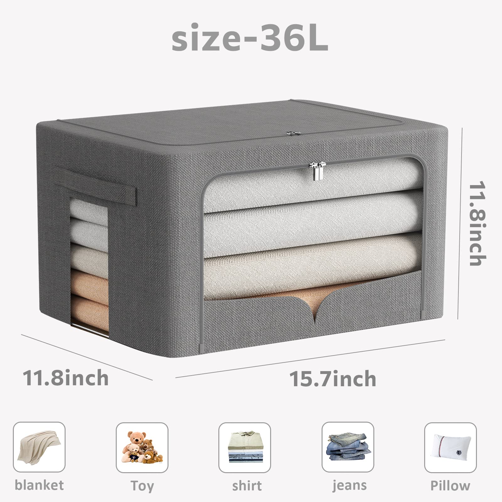 3-Pack Foldable Metal Frame Storage Bins with Clear Window & Handles - Stackable Linen Fabric Organizer for Clothes, Toys, Blankets (Dark Gray, 15.7x11.8x11.8 Inches, 36L) - Perfect for Closet, Nursery, Dorm & Home Organization