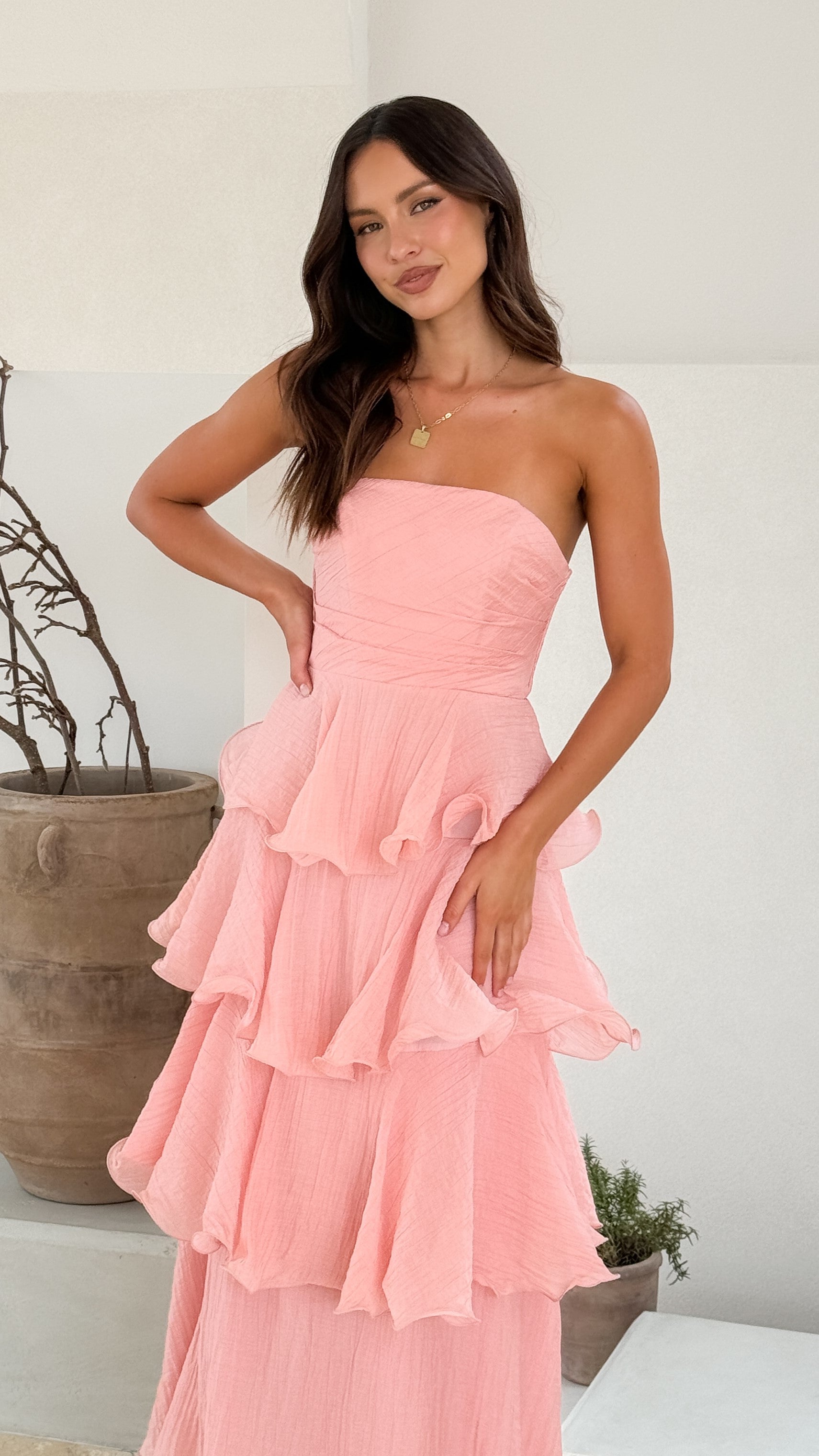 Lanica Maxi Dress for Women - Flowy Pink Long Summer Dress with Pockets, Beach Wedding Party Vacation Outfit