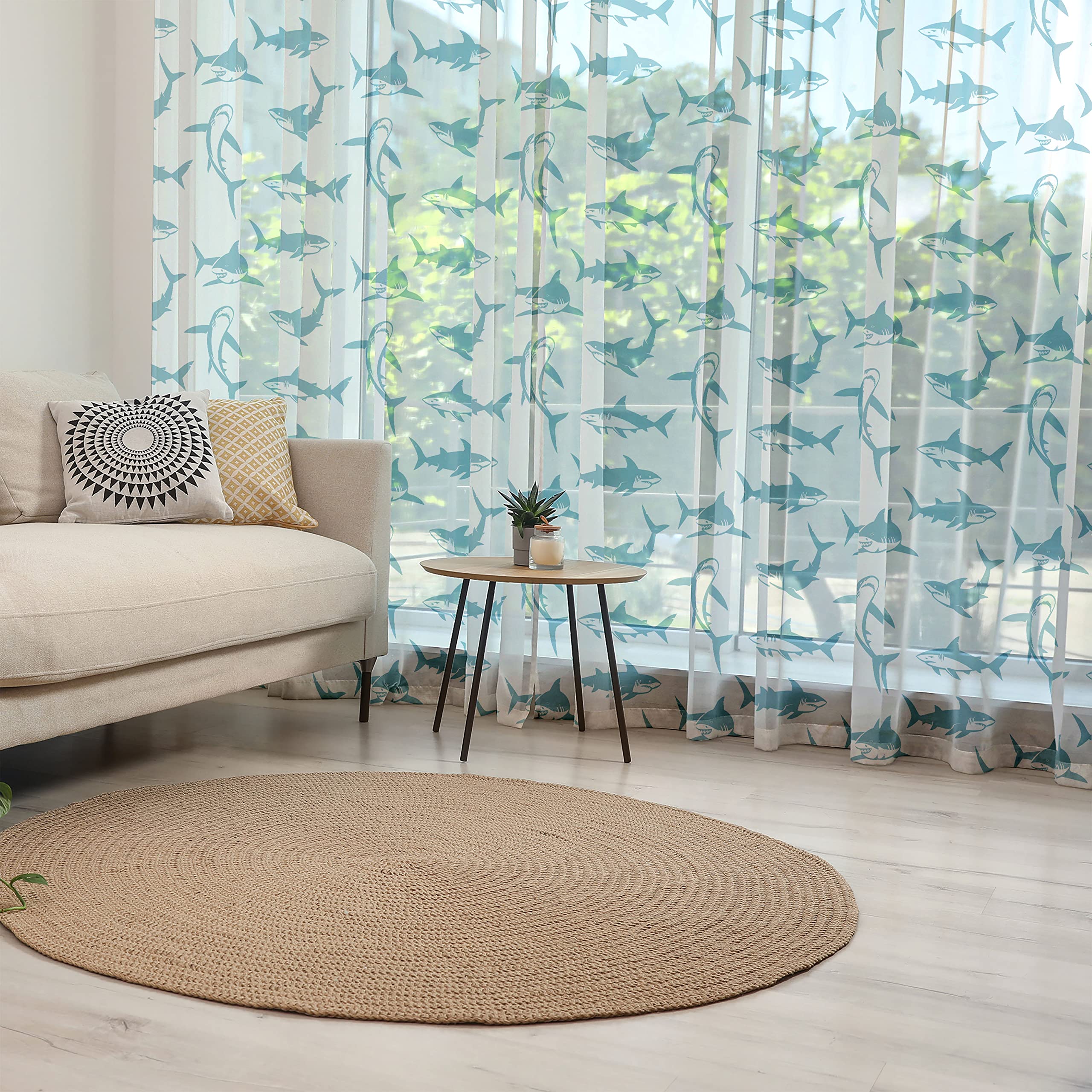 Ambesonne Shark Themed Tulle Curtains - Blue Marine Predator Design with Cartoon Fish & Sharp Teeth - Sheer Window Drapes for Bedroom, Living Room, or Kids Room - 2 Panels (108x96 Inches) - Rod Pocket for Easy Hanging - Perfect for Ocean Theme Decor, Birthday Parties & Weddings