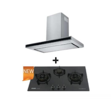 Ellane EH 2880 90cm Touch Control Stainless Steel Range Hood with Ellane WG 830SV 87cm 3-Burner Glass Gas Cooktop - Perfect for Modern Kitchen Ventilation and Cooking