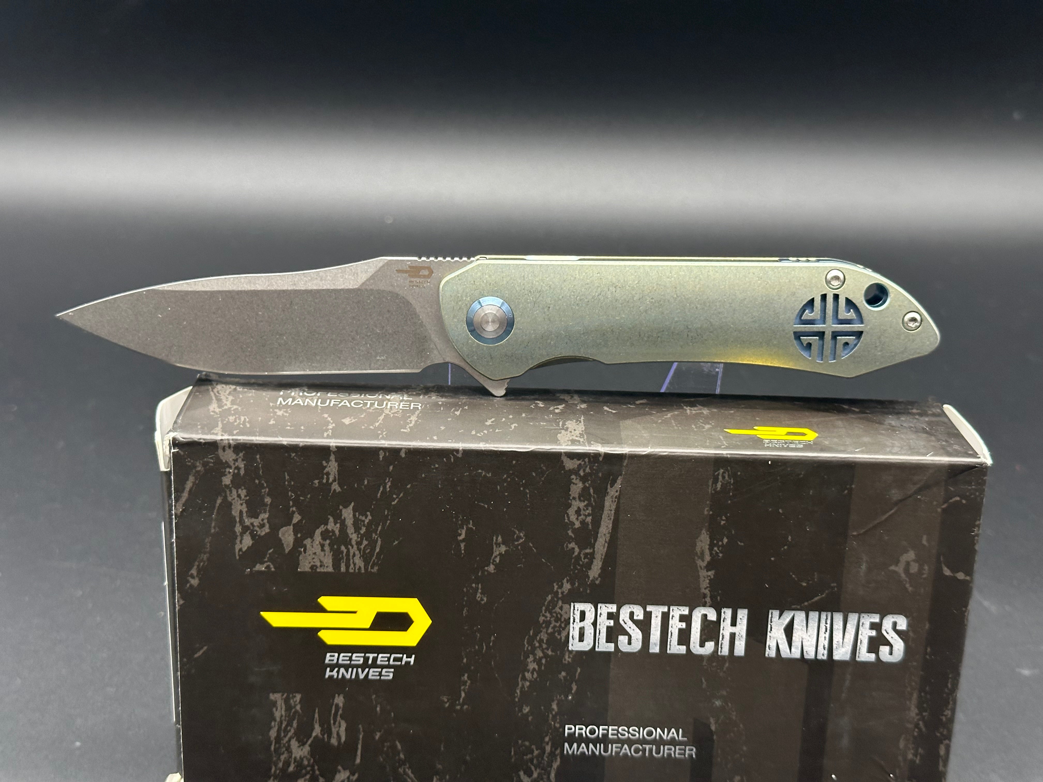 Bestech Emperor Folding Knife - CPM S35VN Steel Blade, Green Titanium Handles with Blue Accents - EDC, Outdoor Camping, Survival Gear