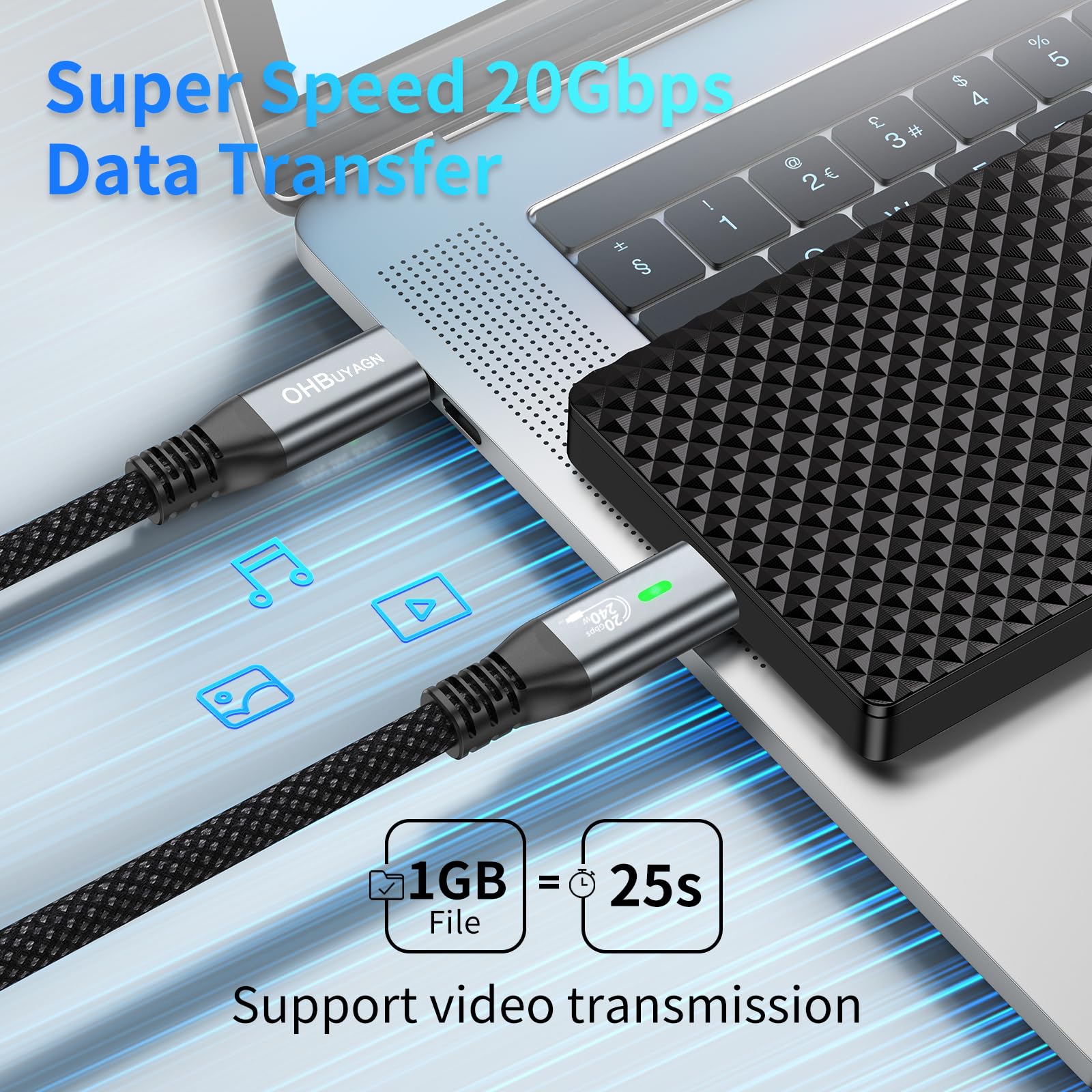 OHBUYAGN 240W USB-IF Certified USB C to USB C Fast Charger Cable 0.3M - 20Gbps High-Speed Data Transfer, LED Display, Thunderbolt 3 Compatible - Perfect for MacBook Pro/Air, Samsung Galaxy S23, iPad Pro & Fast Charging Needs at Home, Office or Travel