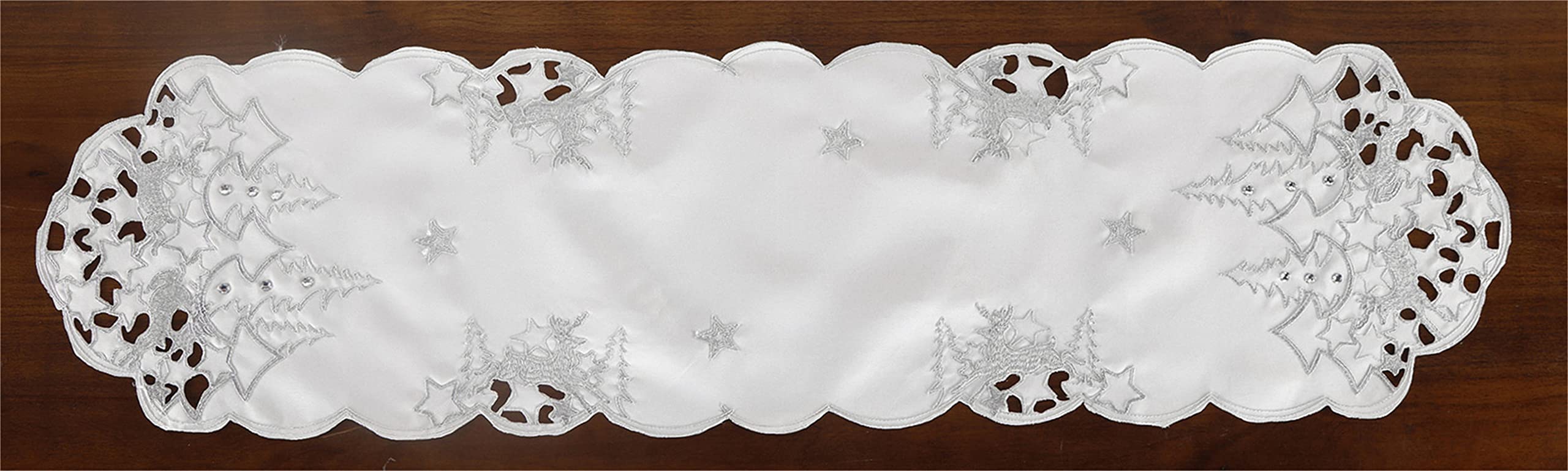 Elegant Cutwork Embroidered Floral Christmas Table Runner with Holly Berries - 14×54 Inch White Holiday Dining Table Topper for Xmas Decorations - Perfect for Holiday Dinners, Party Settings & Festive Home Decor