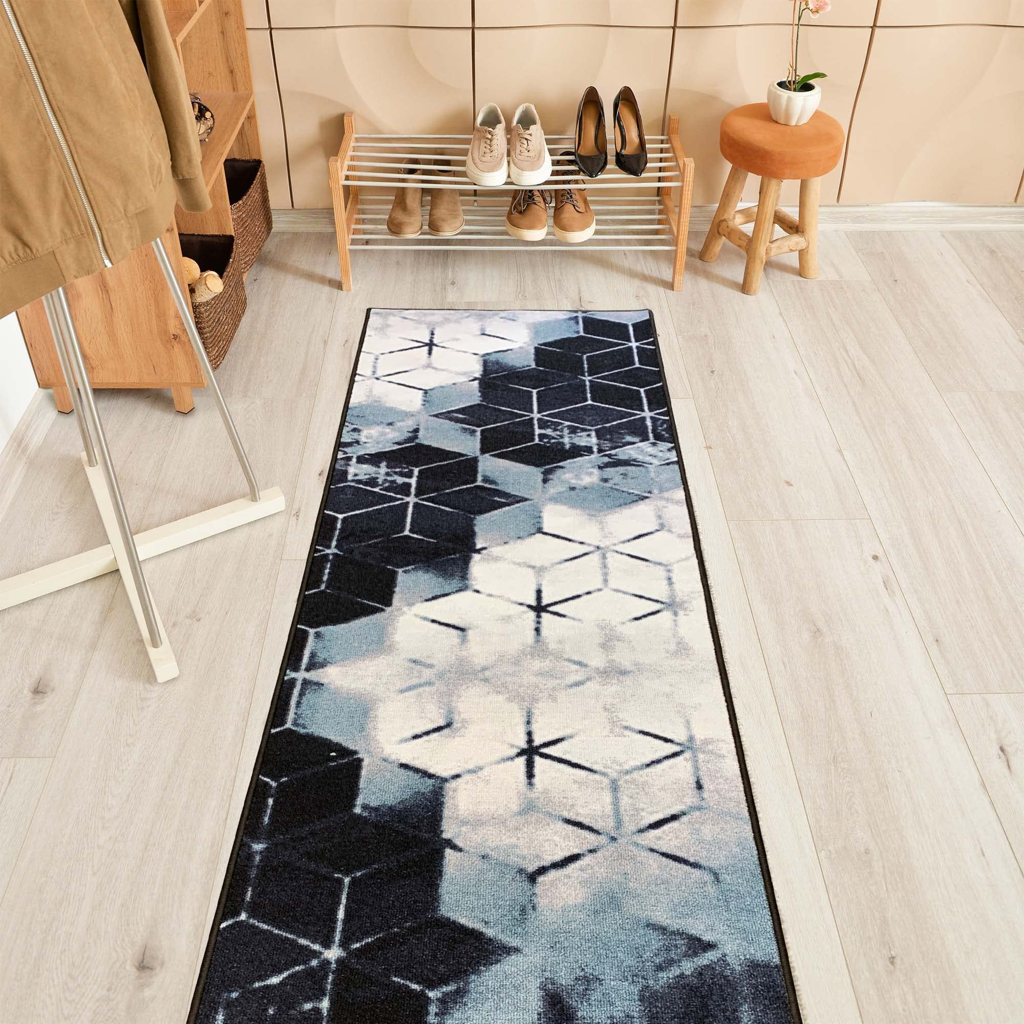 Custom Size Abstract Blue Cubes Non-Slip Rubber Backed Runner Rug - 31 Inch Wide x Your Length (31in x 28ft) - Perfect for Hallways, Stairs & High-Traffic Areas