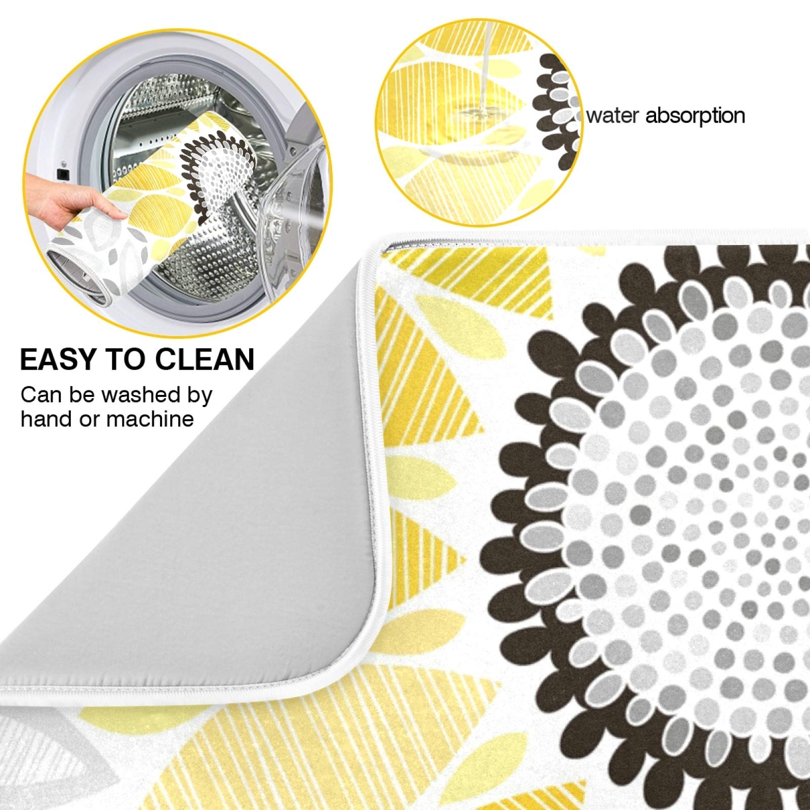 Sunflower Dish Drying Mat - Absorbent Microfiber Kitchen Counter Mat (16x18 Inch) for Dishes & Utensils